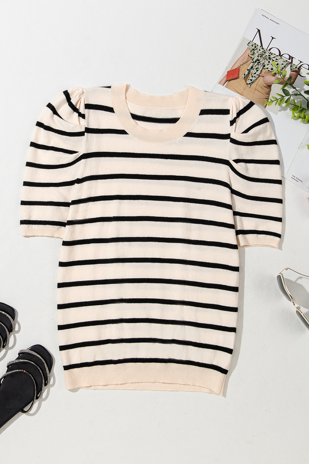 Blue Stripe Ribbed Trim Round Neck Bubble Sleeve Knitted Top - loveforevers