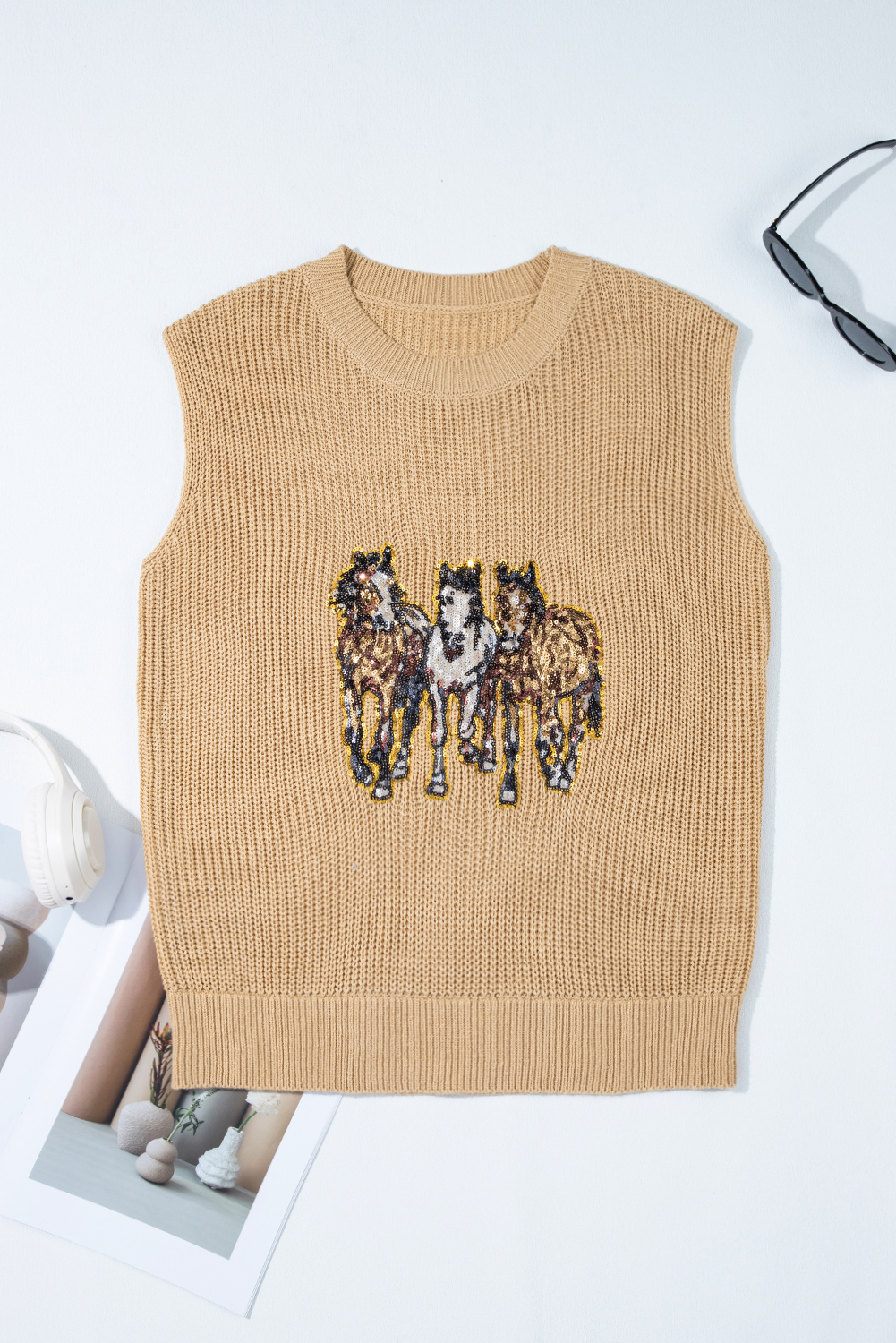 Black Western Cowboy Embroidery Round Neck Sleeveless Sweater - loveforevers