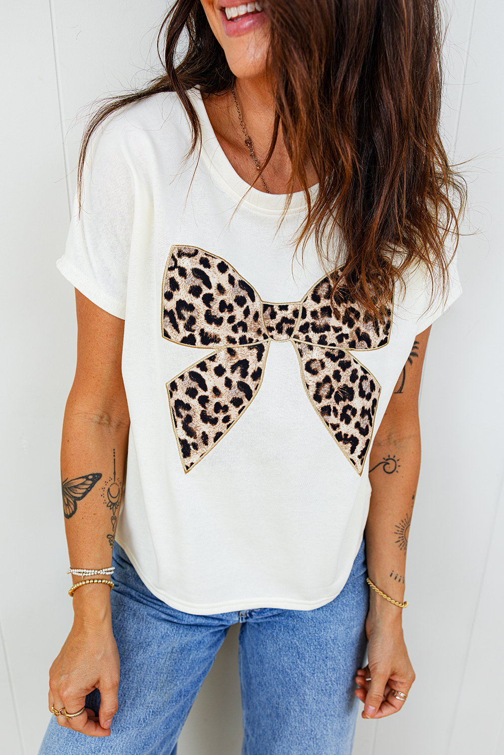 Pink Leopard Bow Embroidered Cotton Round Neck T Shirt - loveforevers