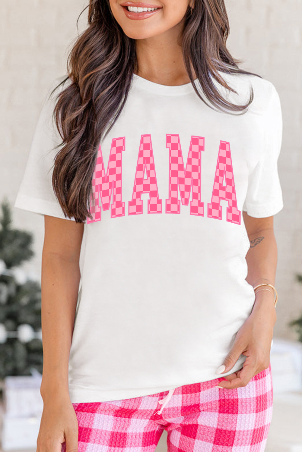 White Checkered MAMA Letter Graphic T Shirt - loveforevers
