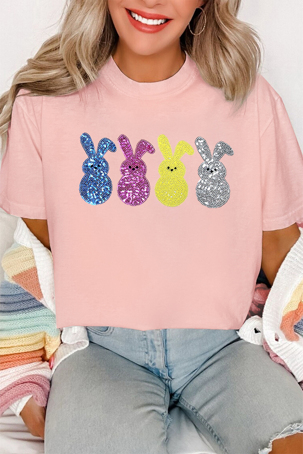 Pink Sequin Cute Bunny Graphic Easter Fashion Tee - loveforevers