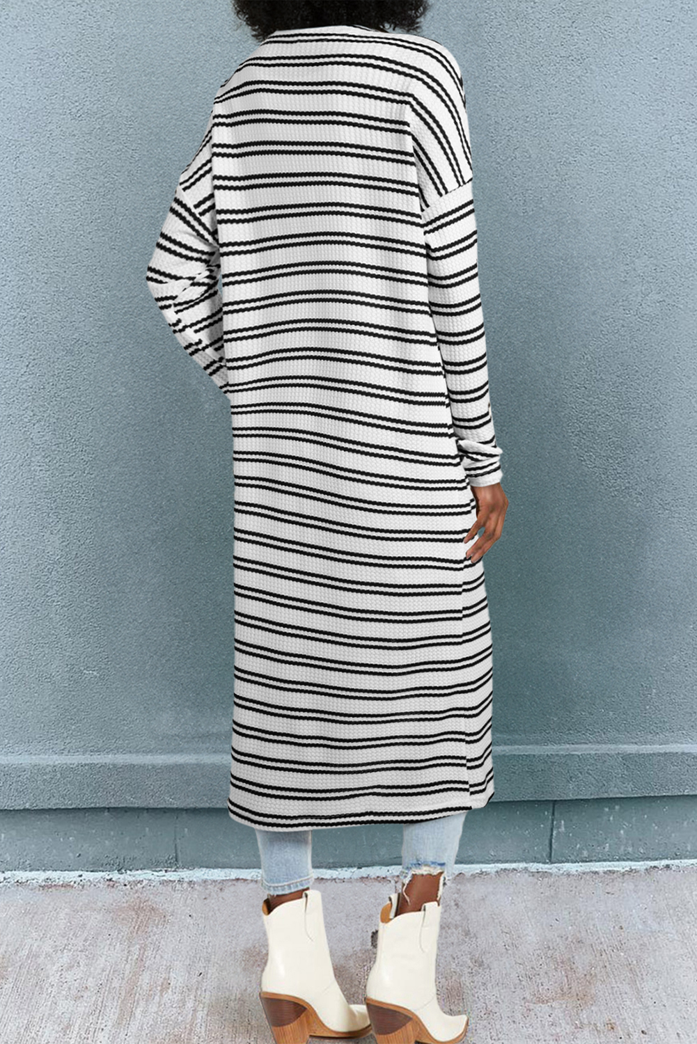 Black Stripe Print Open Front Duster Cardigan - loveforevers
