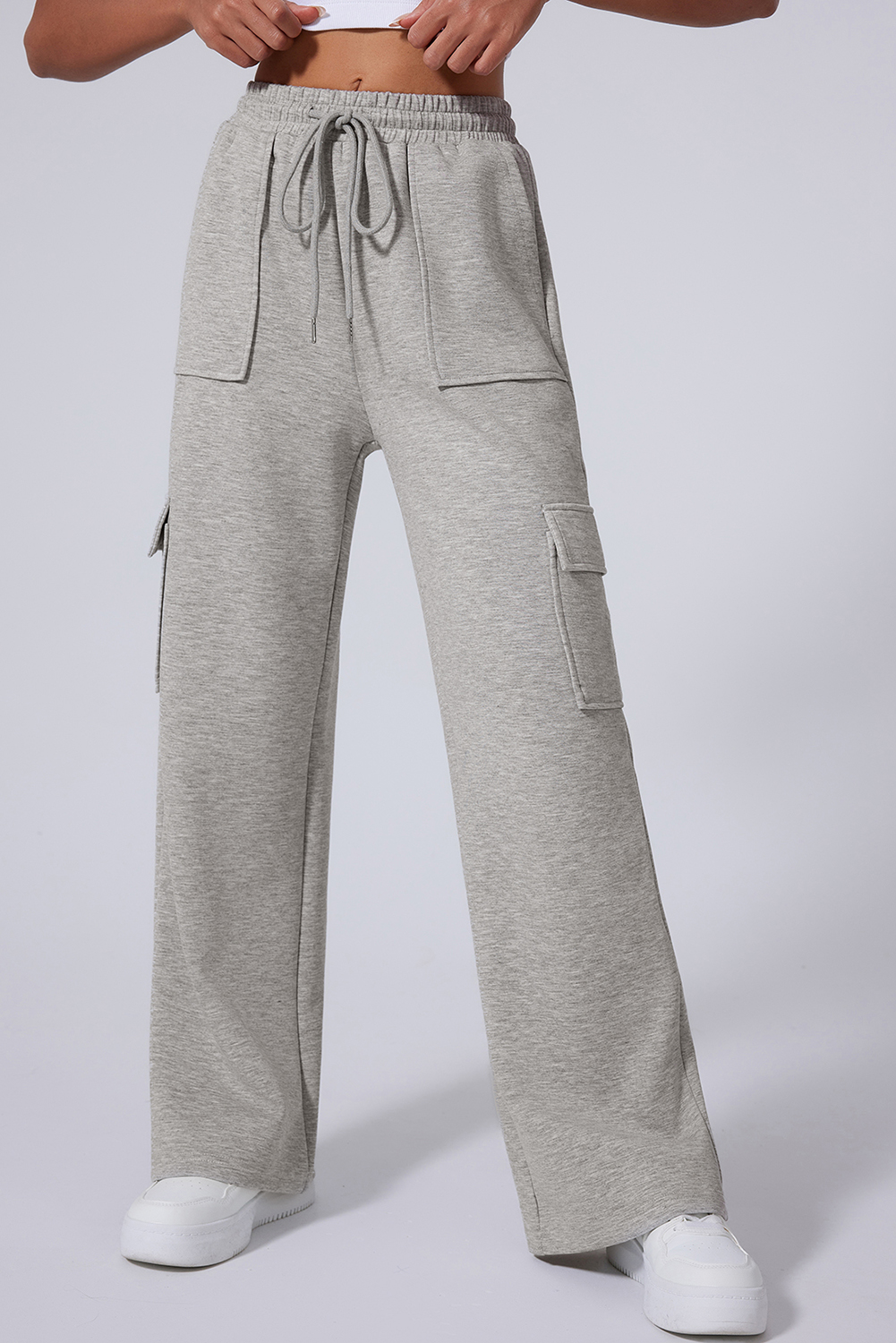 Light Grey Multi Pockets Lace-up High Waist Wide Leg Workout Pants - loveforevers