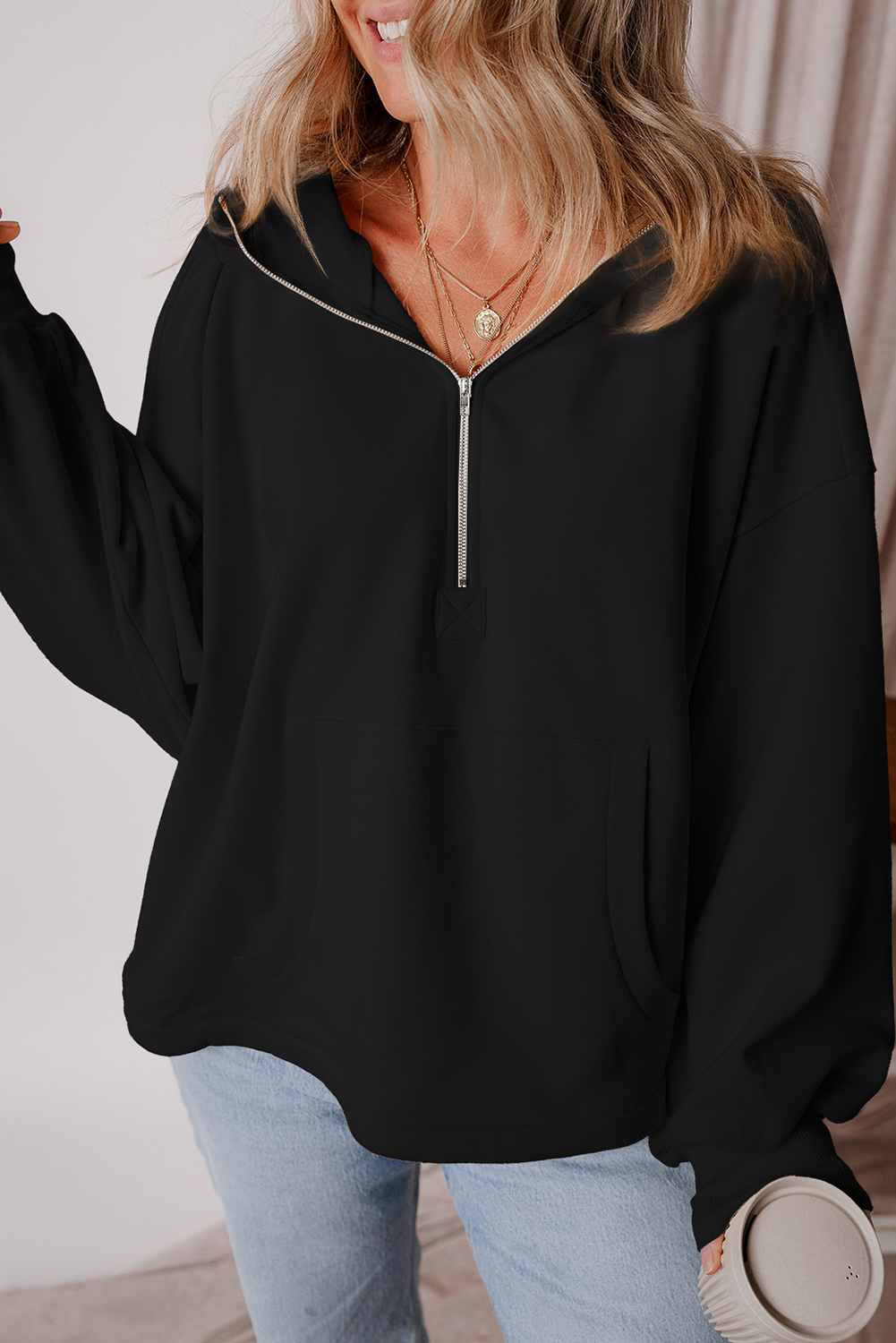 Bonbon Fleece Lined Half Zipper Kangaroo Pockets Loose Hoodie - loveforevers