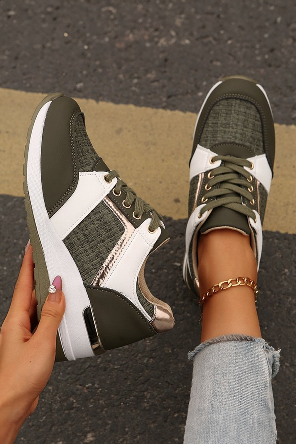 Blackish Green Glitter Patched Lace-up Wedge Sneakers - loveforevers