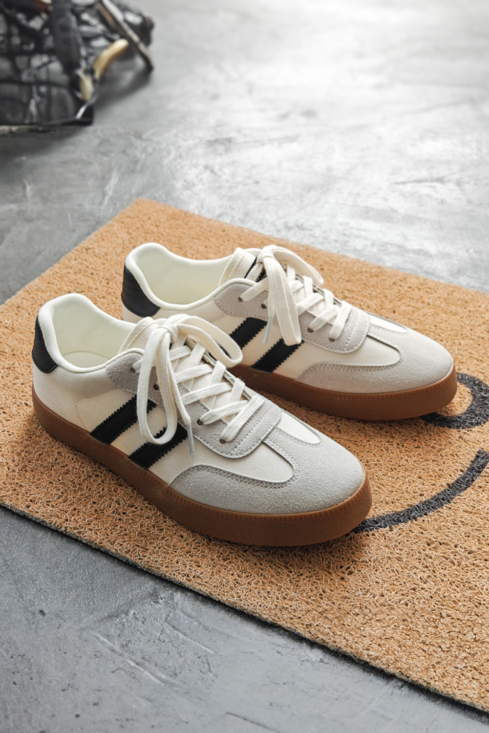 White Striped Lace-up Flat Sneakers - loveforevers
