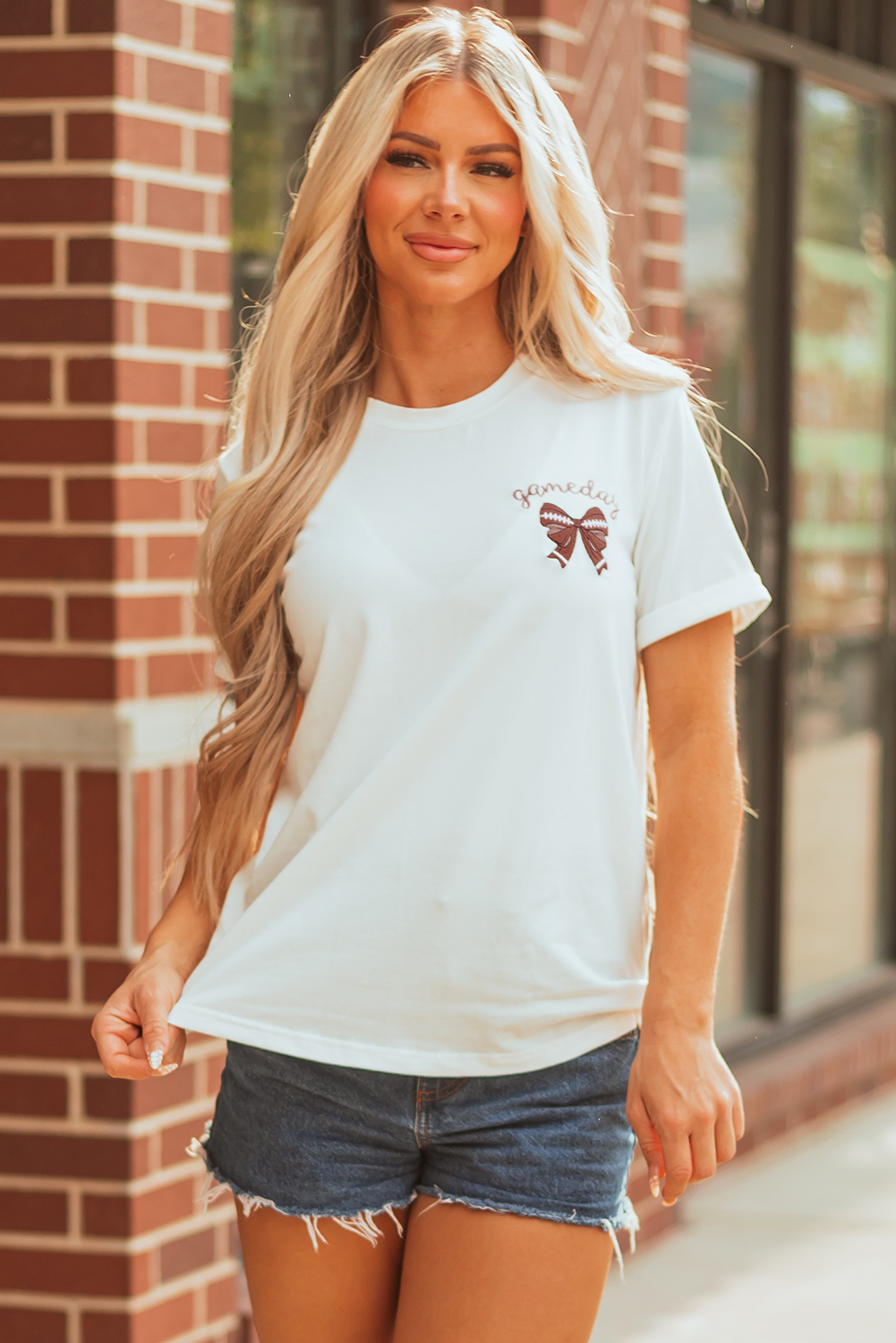 White Game Day Bowknot Embroidered Graphic Casual Tee - loveforevers