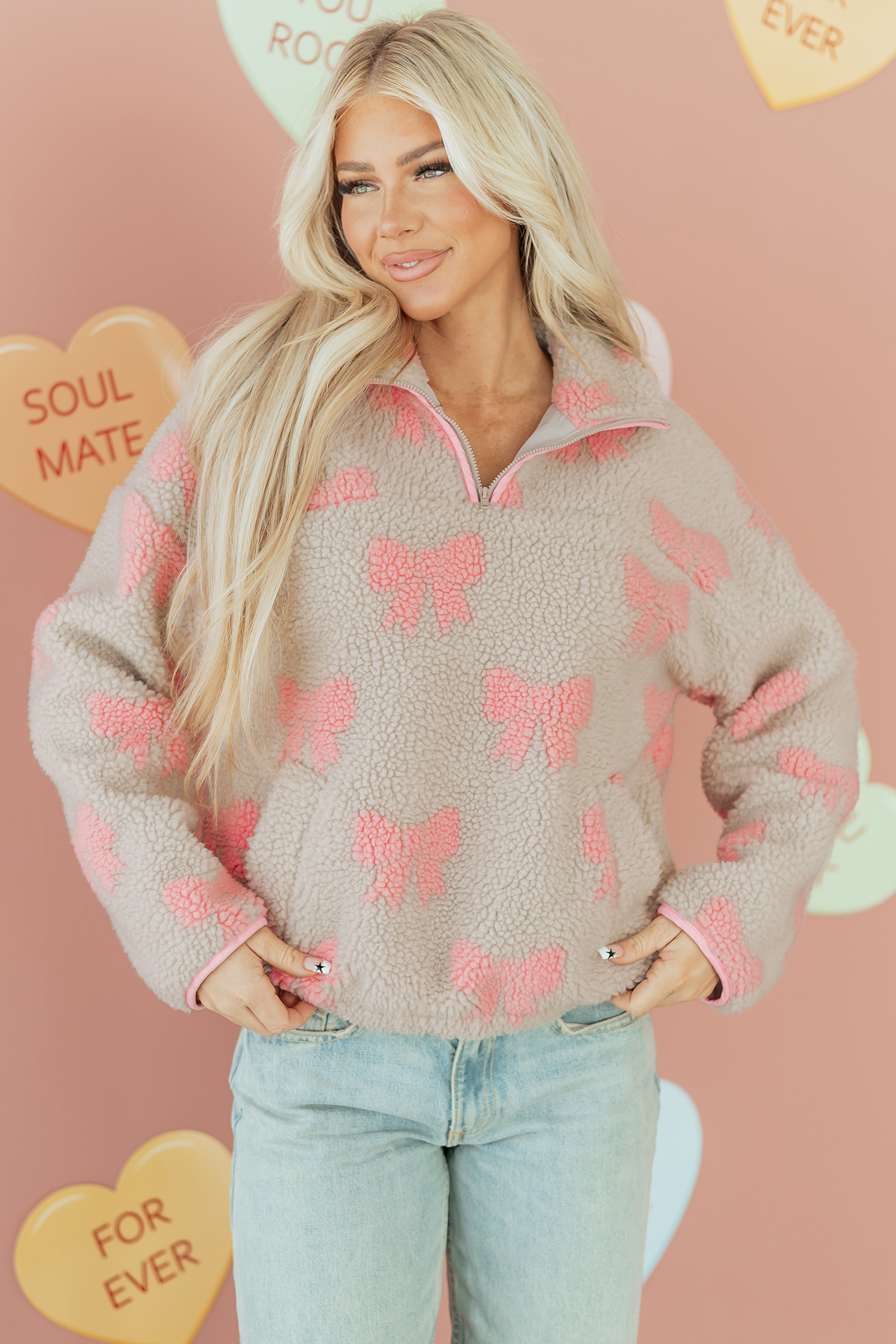 Gray Bow Sherpa Quarter Zip Drop Shoulder Baggy Sweatshirt - loveforevers