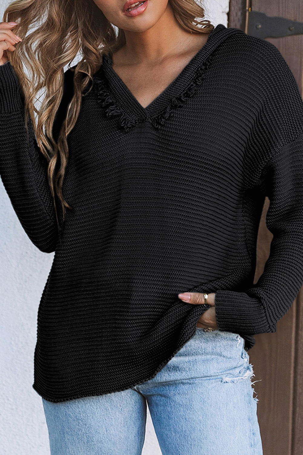 V Neck Ribbed Drop Shoulder Hooded Sweater - loveforevers