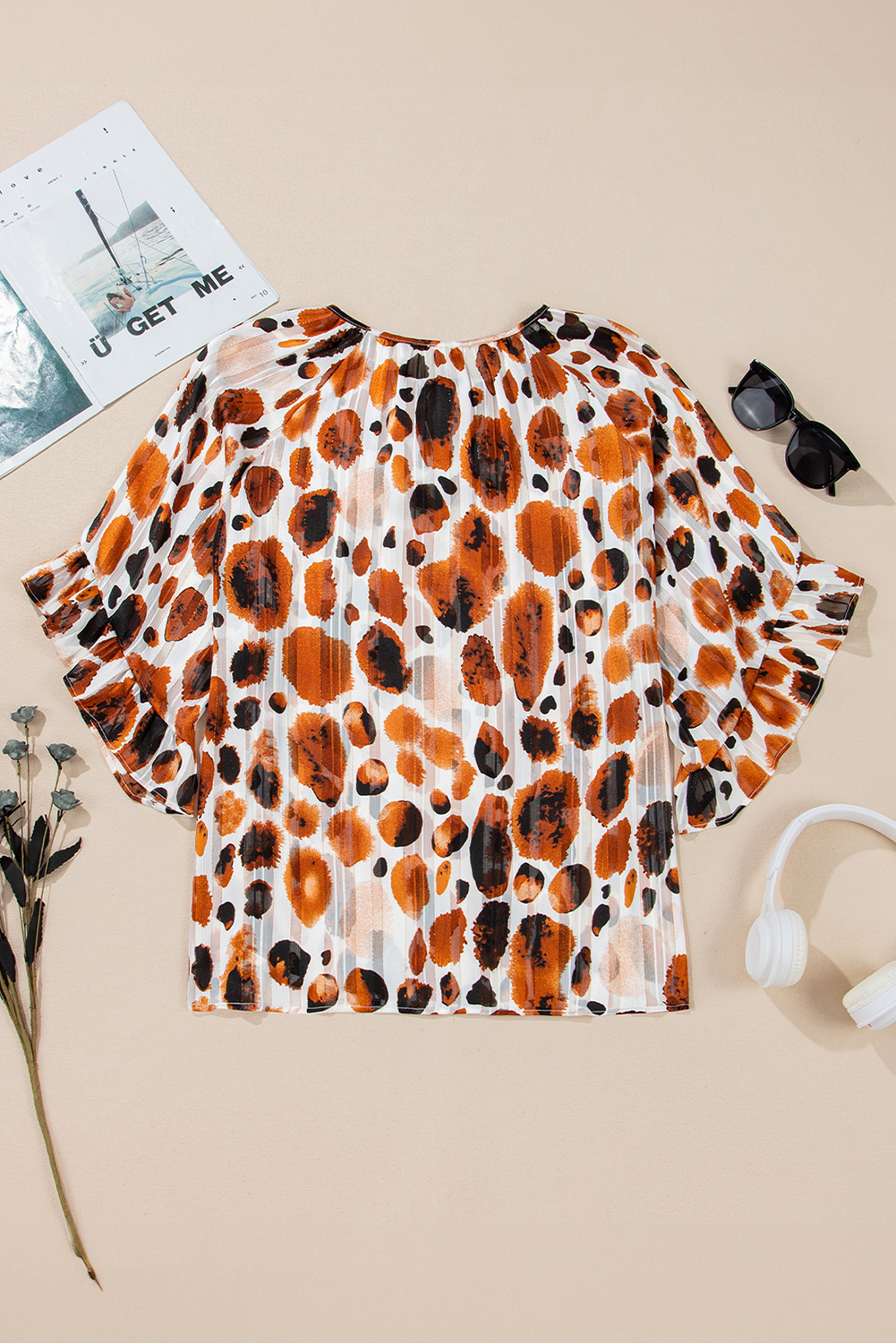 Brown Metallic Threading Accents Pleated Abstract Printed Ruffled 3/4 Sleeve Blouse - loveforevers