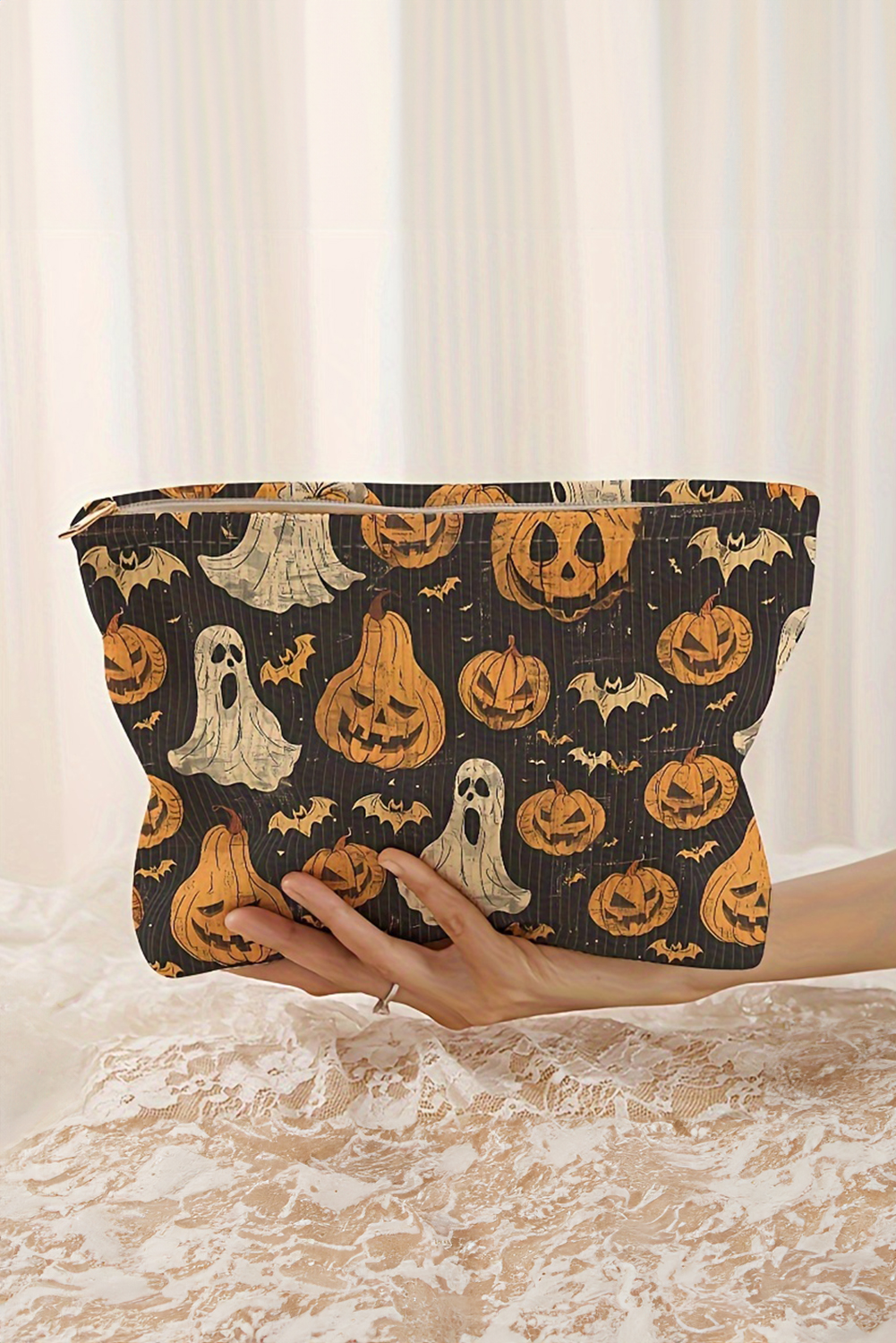 Black Striped Halloween Pumpkin Ghost Printed Makeup Bag - loveforevers