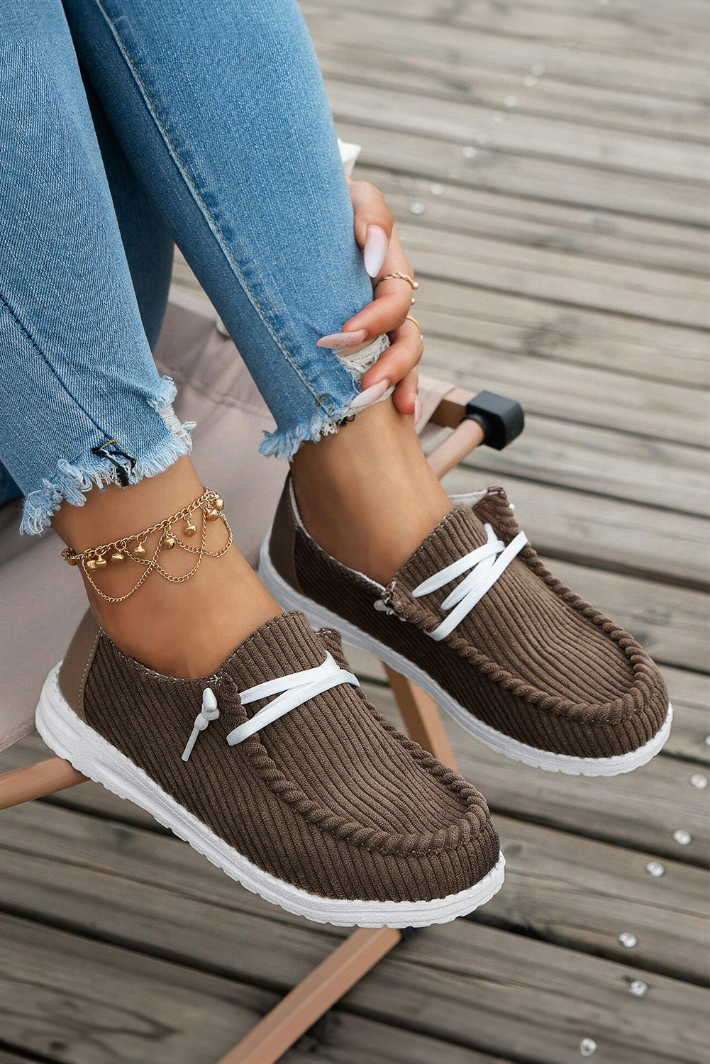 Coffee Solid Ribbed Criss Cross Slip On Casual Shoes - loveforevers