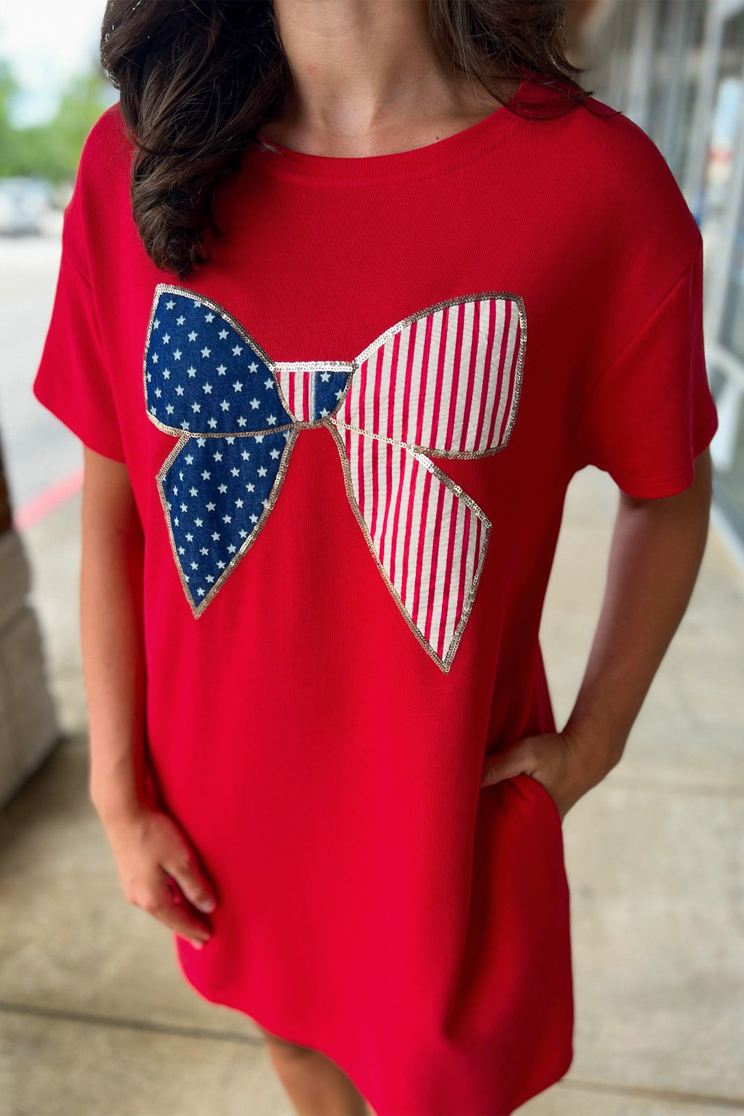 Fiery Red Sequin Trim Stars and Stripes Bow Patched T Shirt Mini Dress - loveforevers