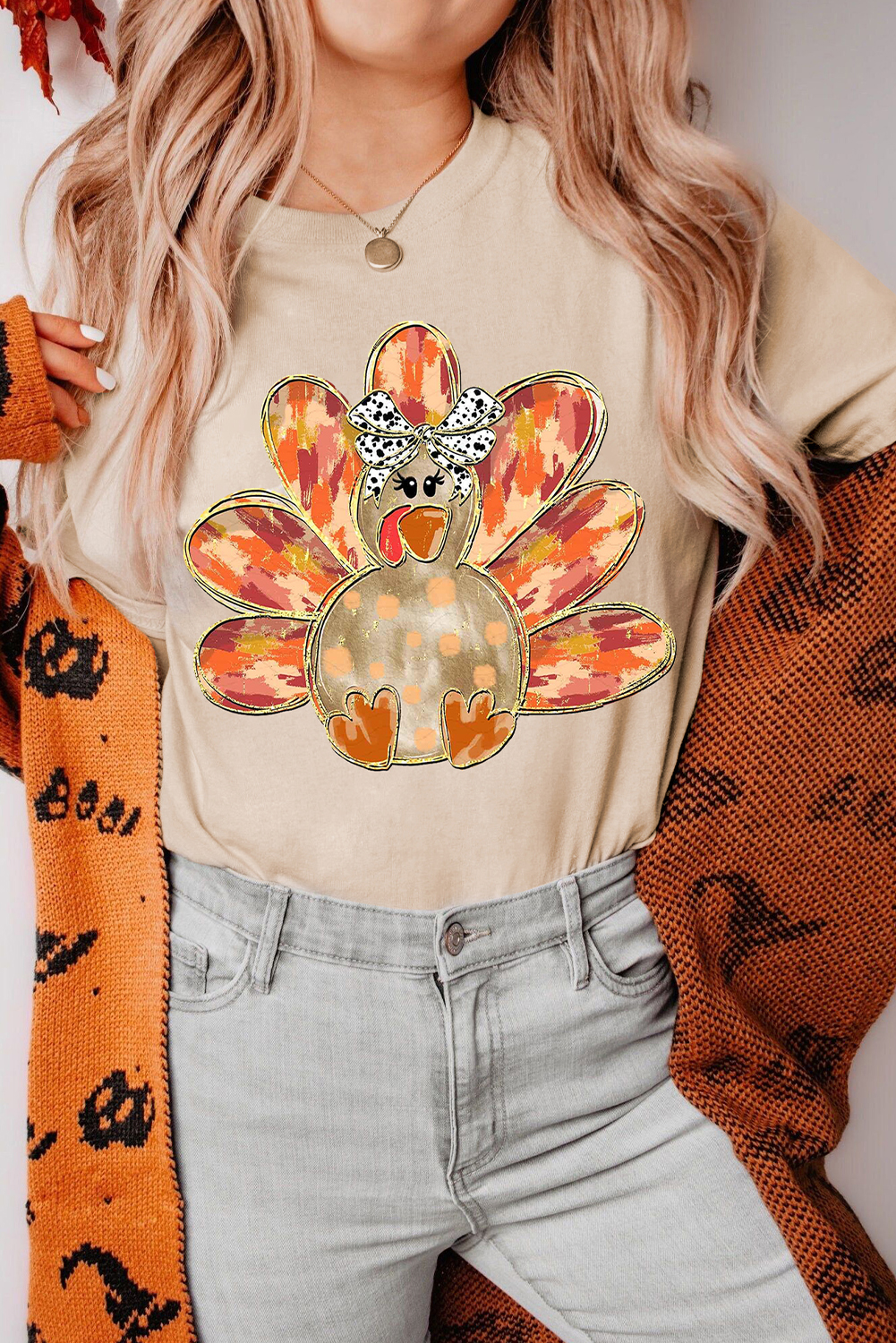 Khaki Thanksgiving Bowknot Turkey Graphic Crewneck Tee - loveforevers