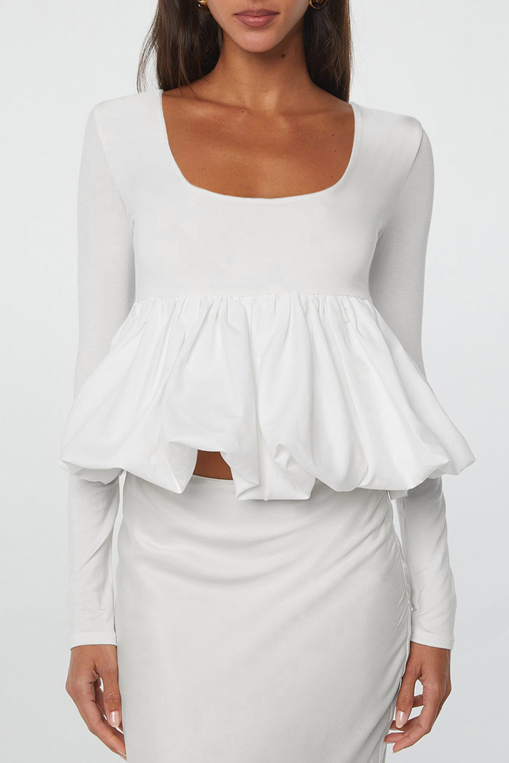 White U Neck Long Sleeve Bubble Hem Top - loveforevers