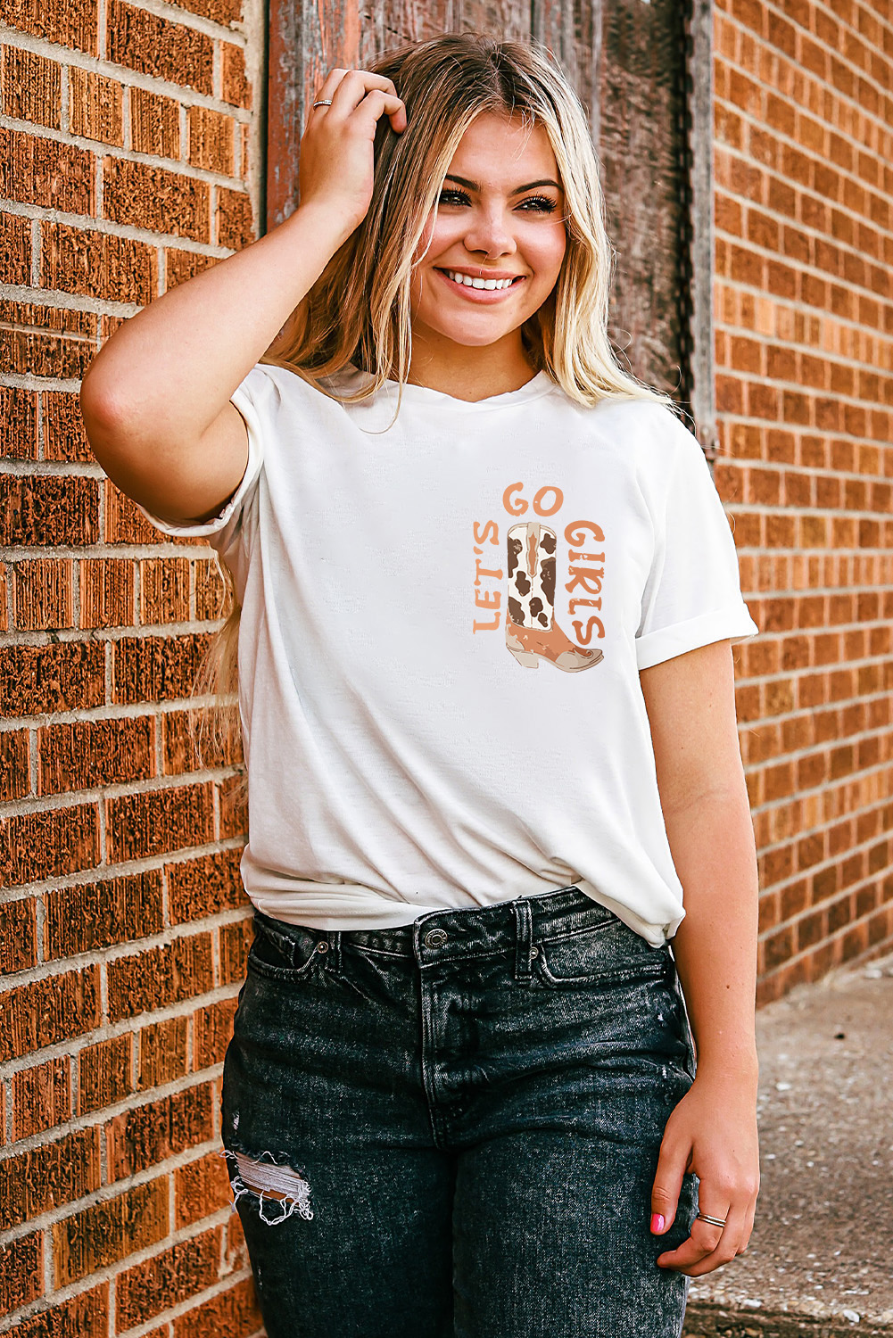 White Western Cowboy Boots Print Round Neck T Shirt - loveforevers