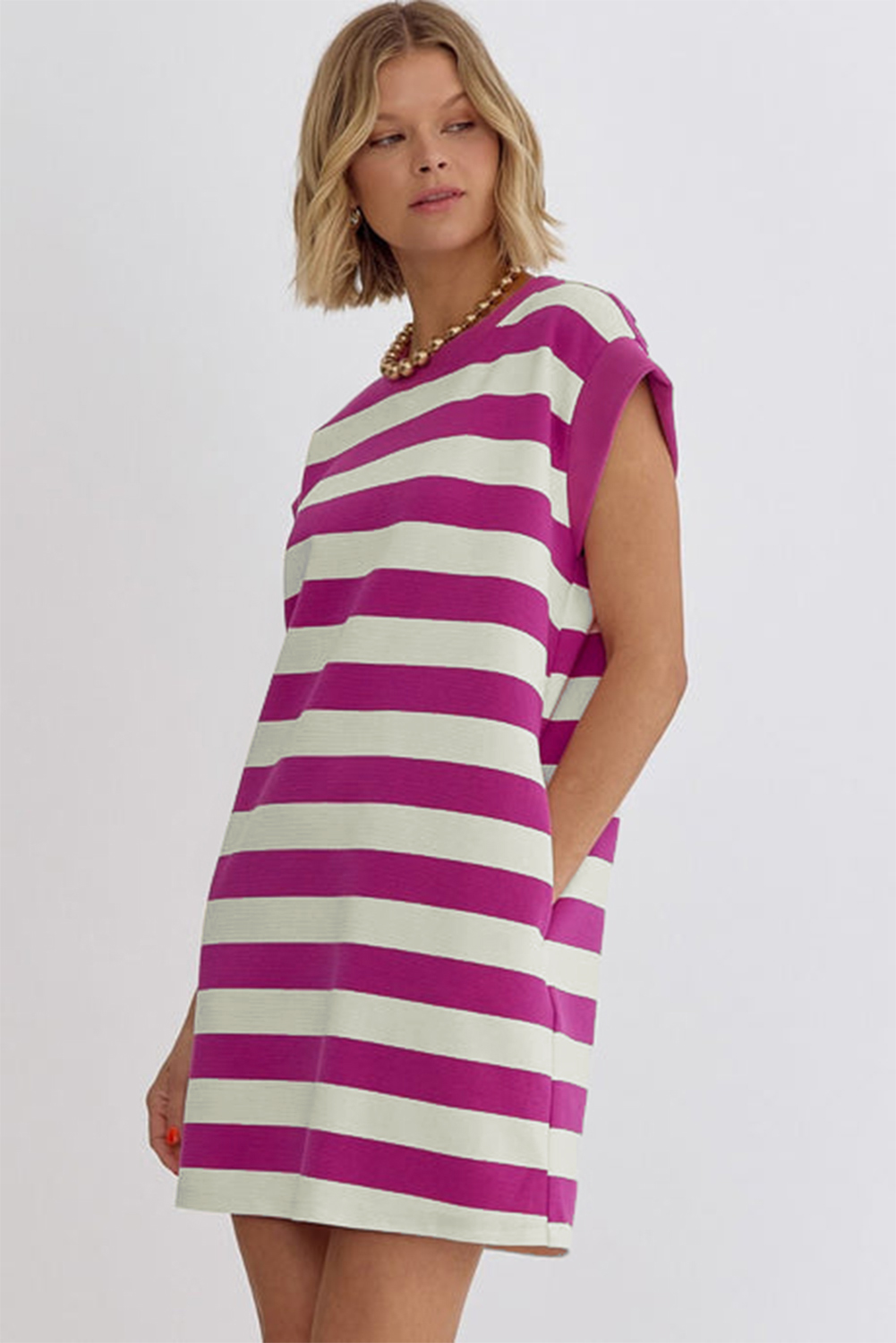 Rose Stripe Cap Sleeve Pocketed Shift T-shirt Dress - loveforevers