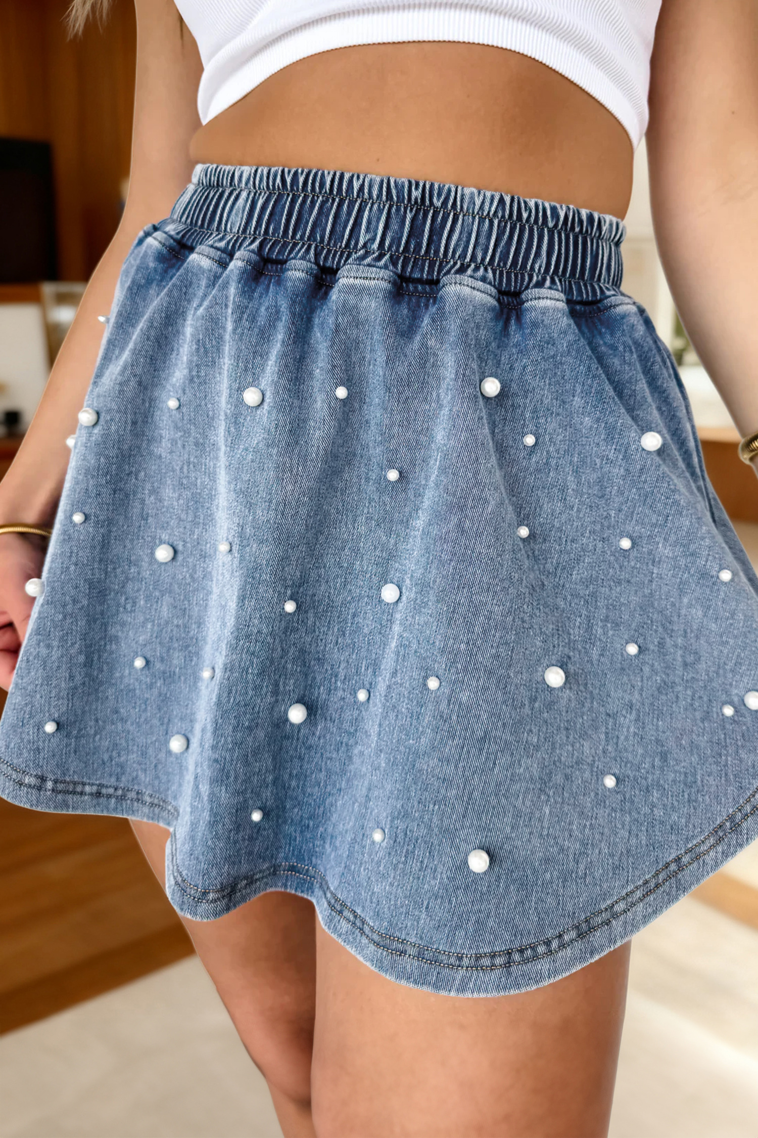 Ashleigh Blue Denim Pearl Embellished Elastic Waist Mini Skort - loveforevers