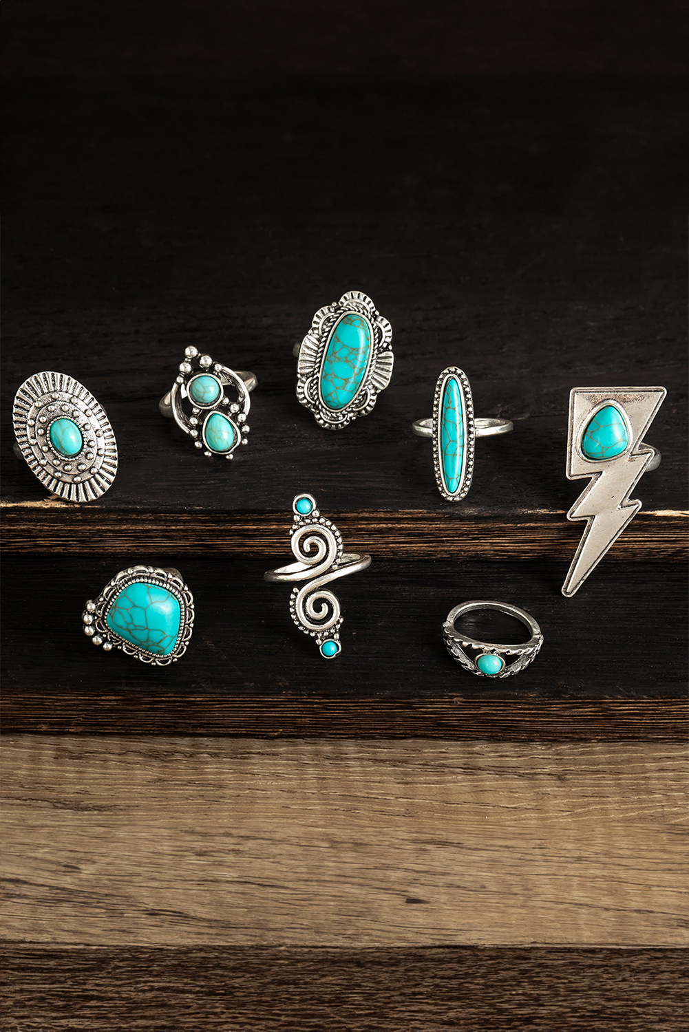 Silvery 8pcs Turquoise Inlay Western Ring Set - loveforevers
