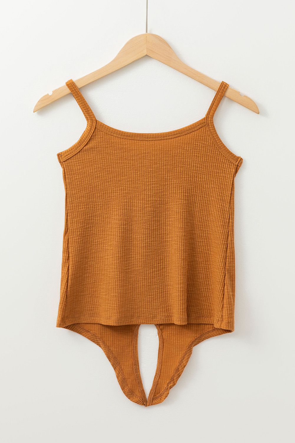 Straw Yellow Ribbed Front Knot Buttoned Thin Strap Tank Top - loveforevers