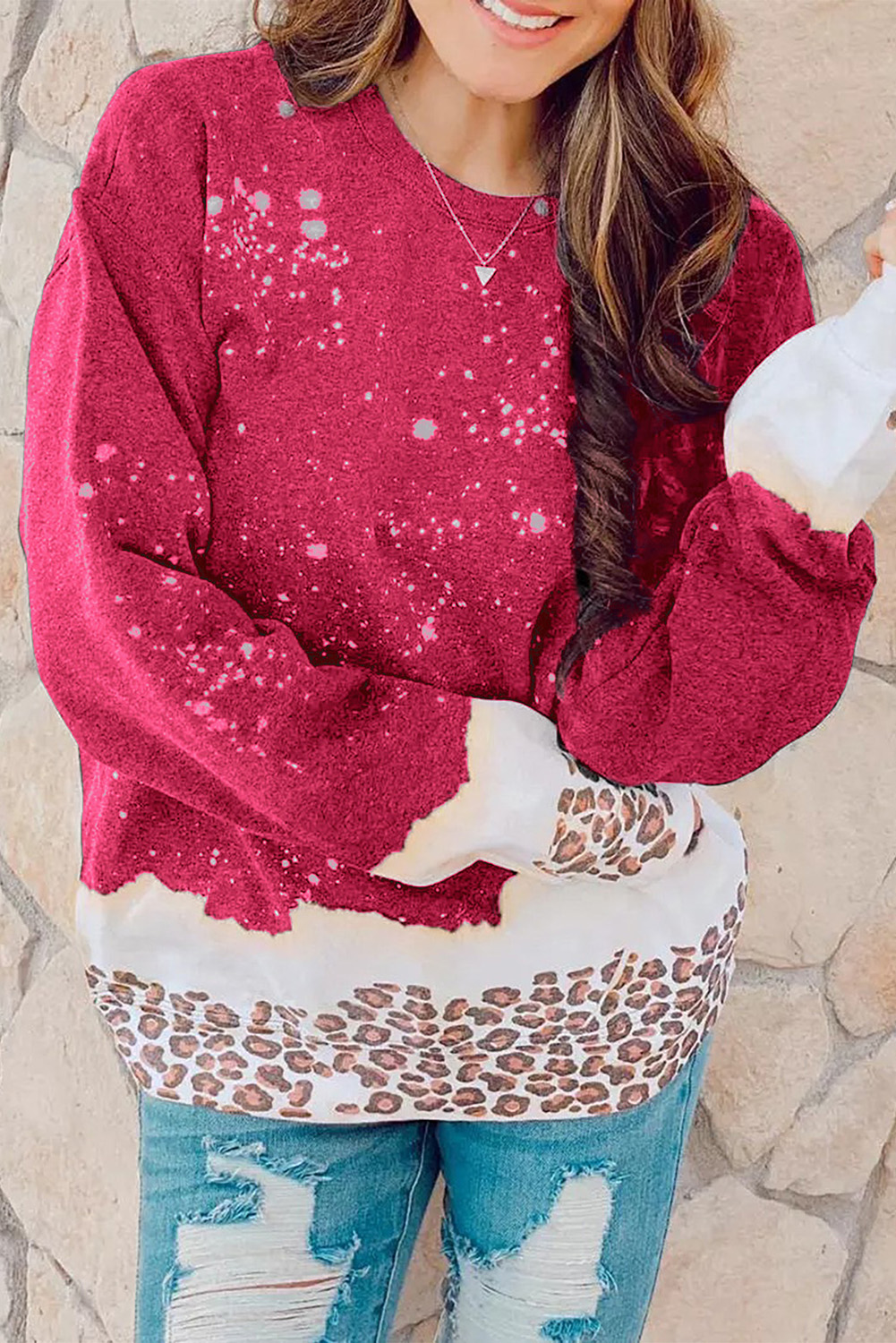 Fiery Red Leopard Bleached Pullover Sweatshirt - loveforevers