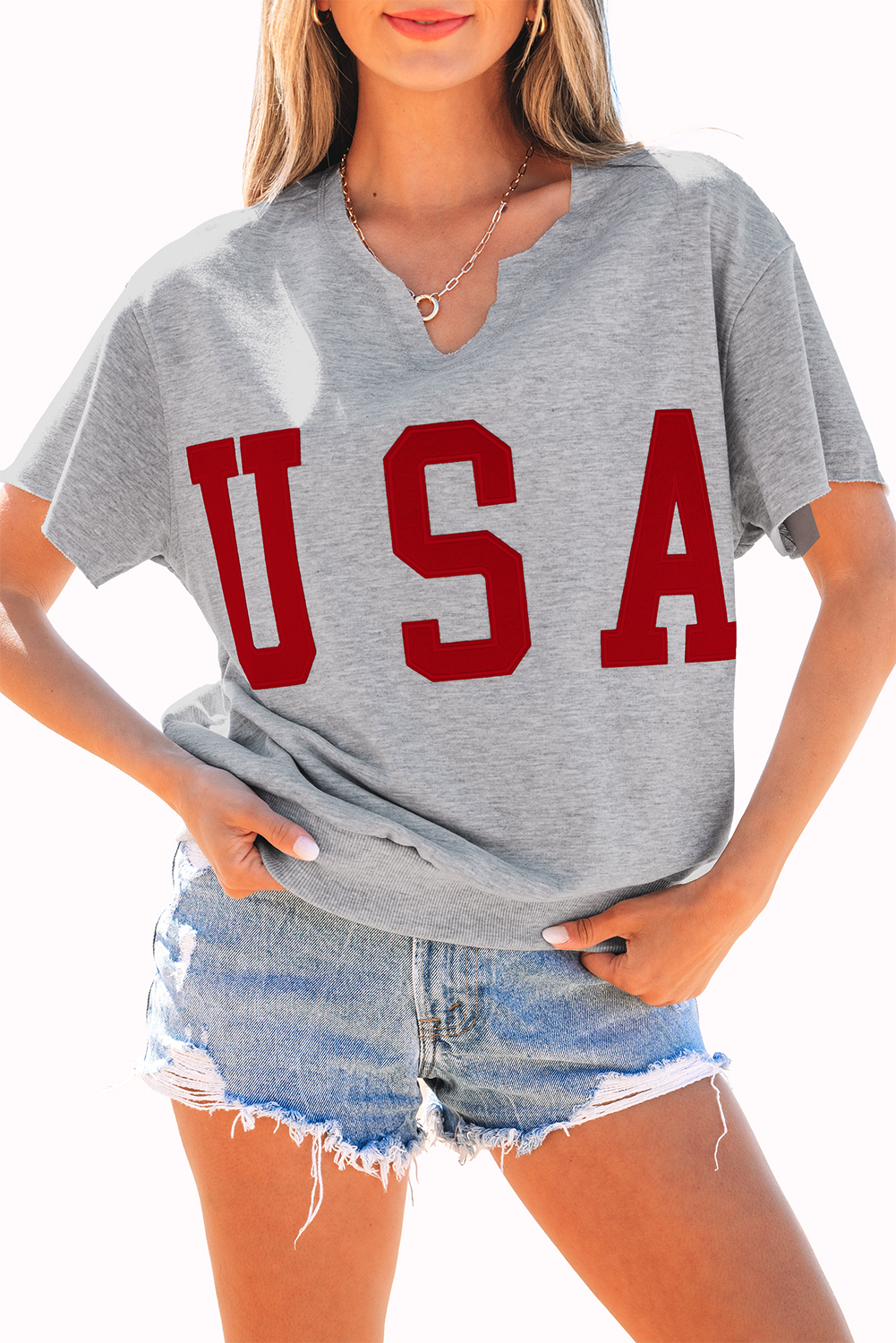 Light Grey USA Lettering Patch Notched Neck Loose Tee - loveforevers