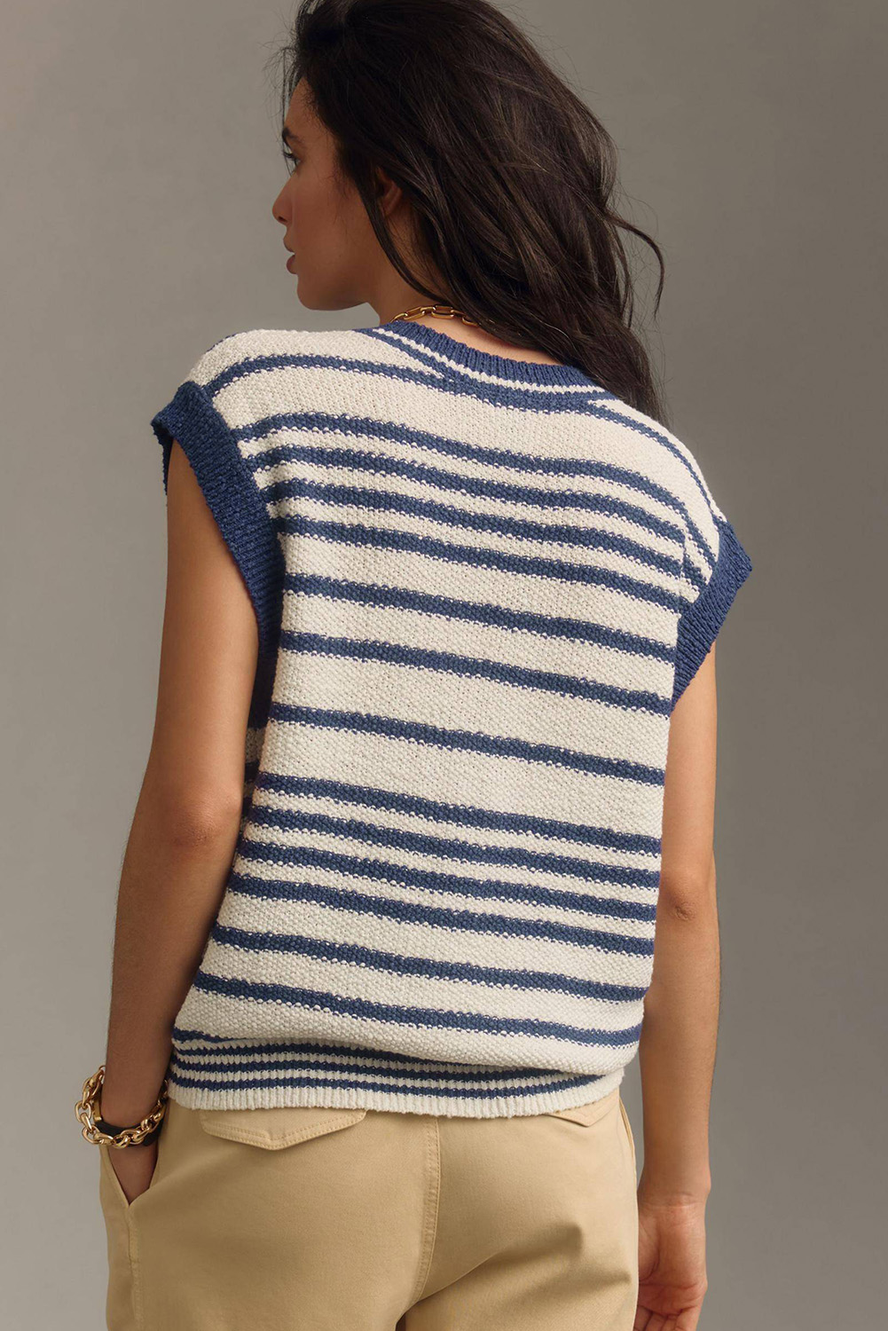Blue Stripe Loose Buttoned V Neck Sweater Vest - loveforevers