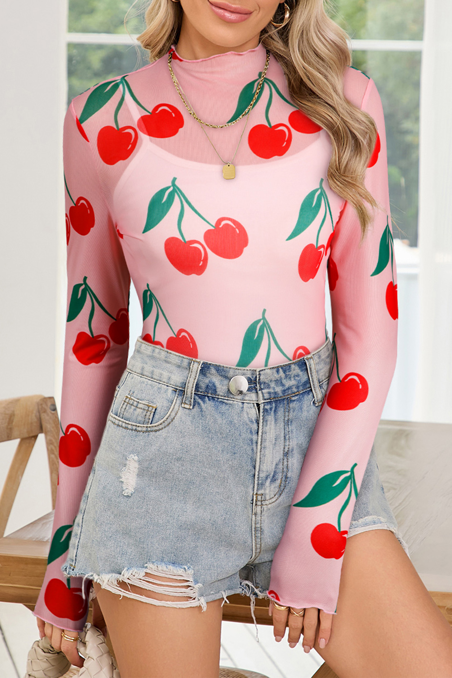 Pink Cherry Print Lettuce Trim Long Sleeve Mesh Top - loveforevers