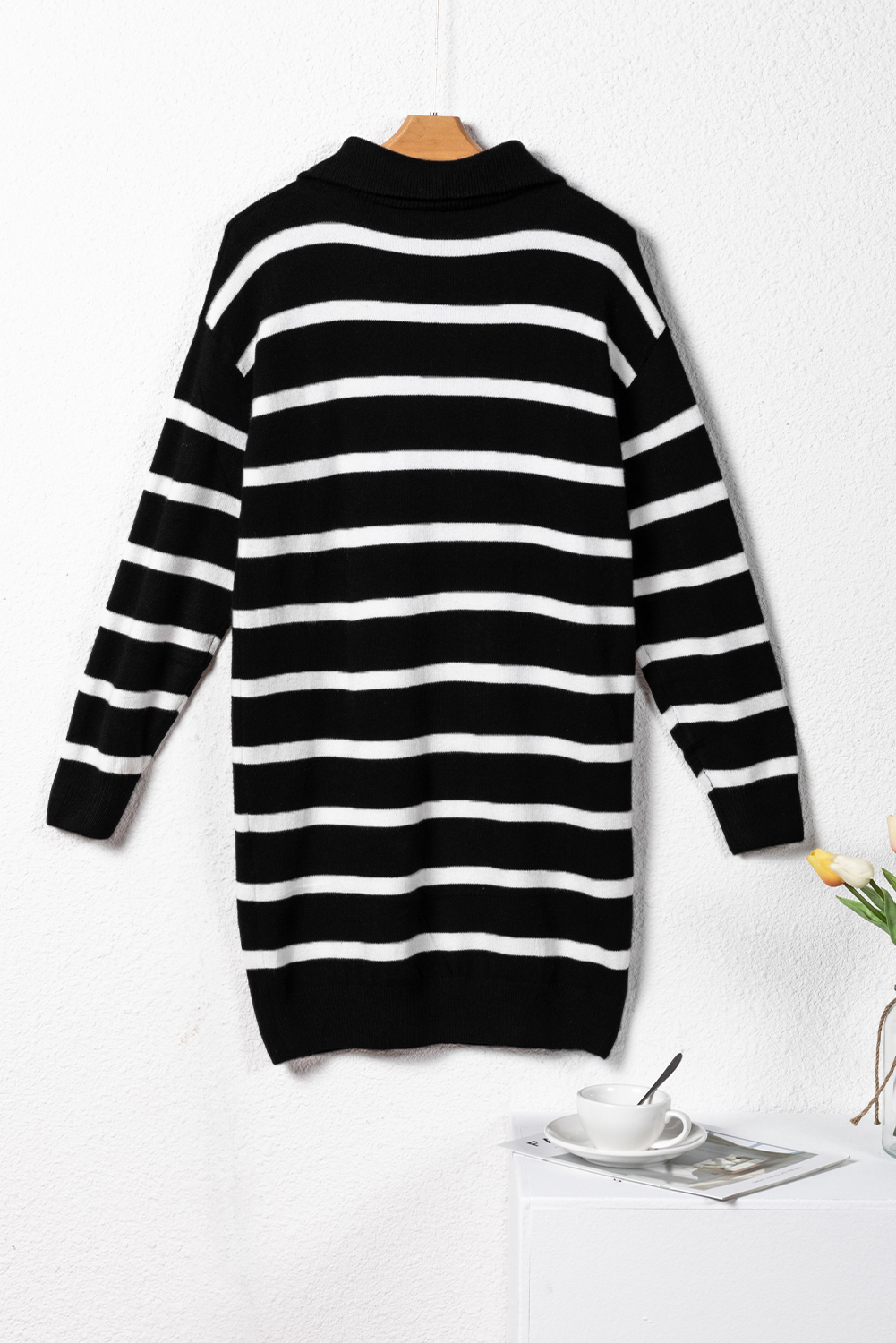 Black Striped O-ring Zip Collared Loose Sweater Mini Dress - loveforevers