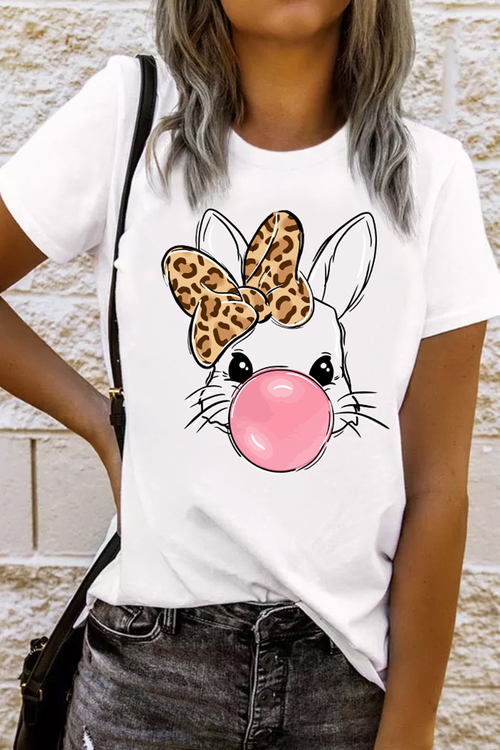 White Leopard Bow Bubble Rabbit Graphic Tee - loveforevers