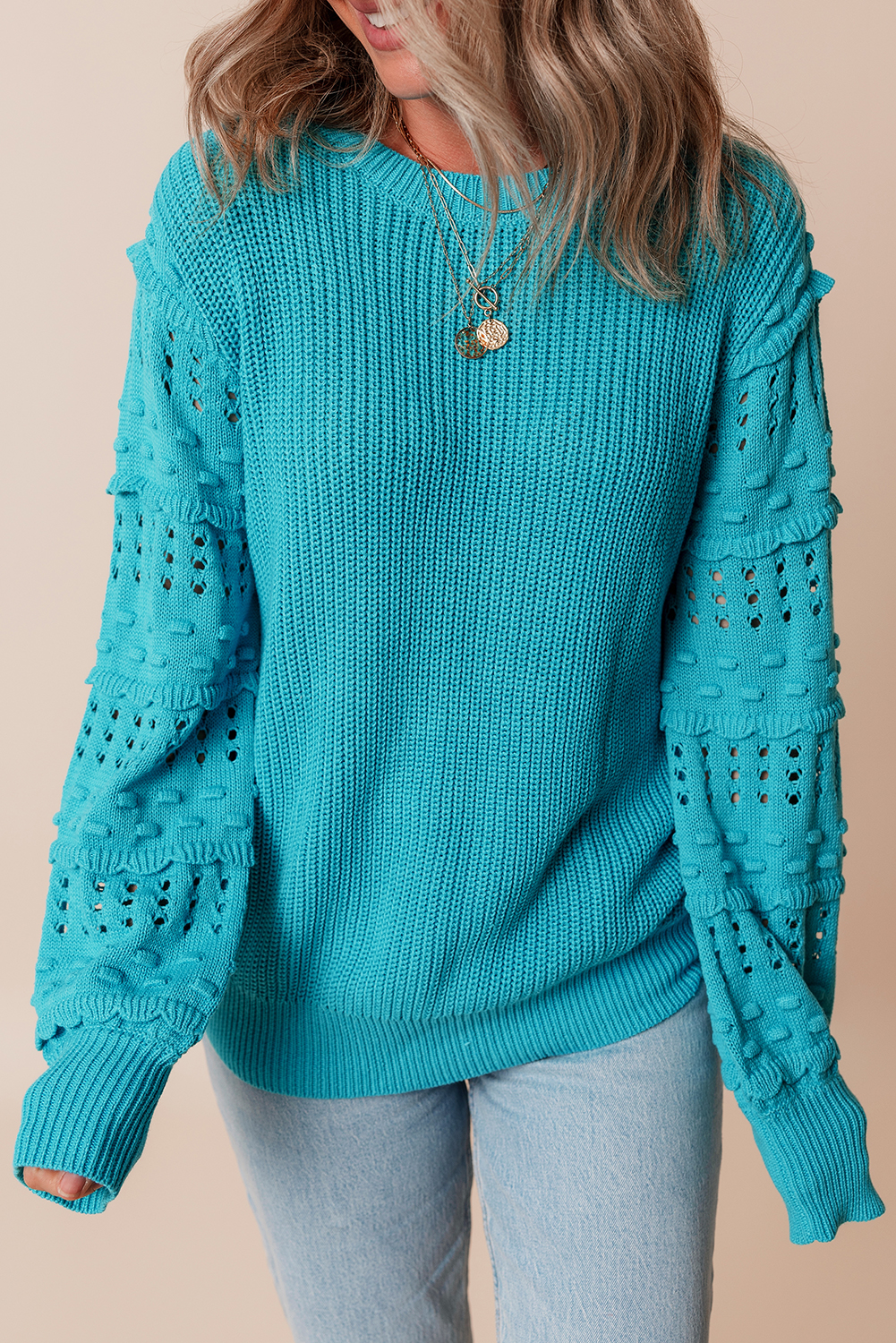 Turquoise Ruffled Eyelet Bubble Sleeve Sweater - loveforevers