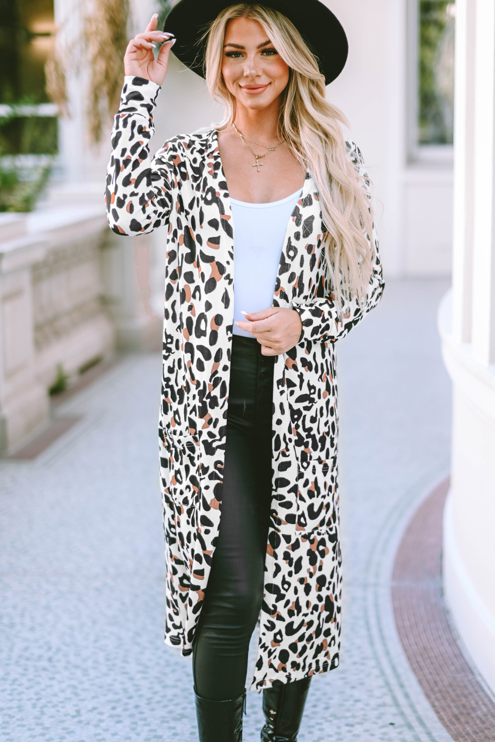 Leopard Pocketed Open Front Duster Cardigan - loveforevers