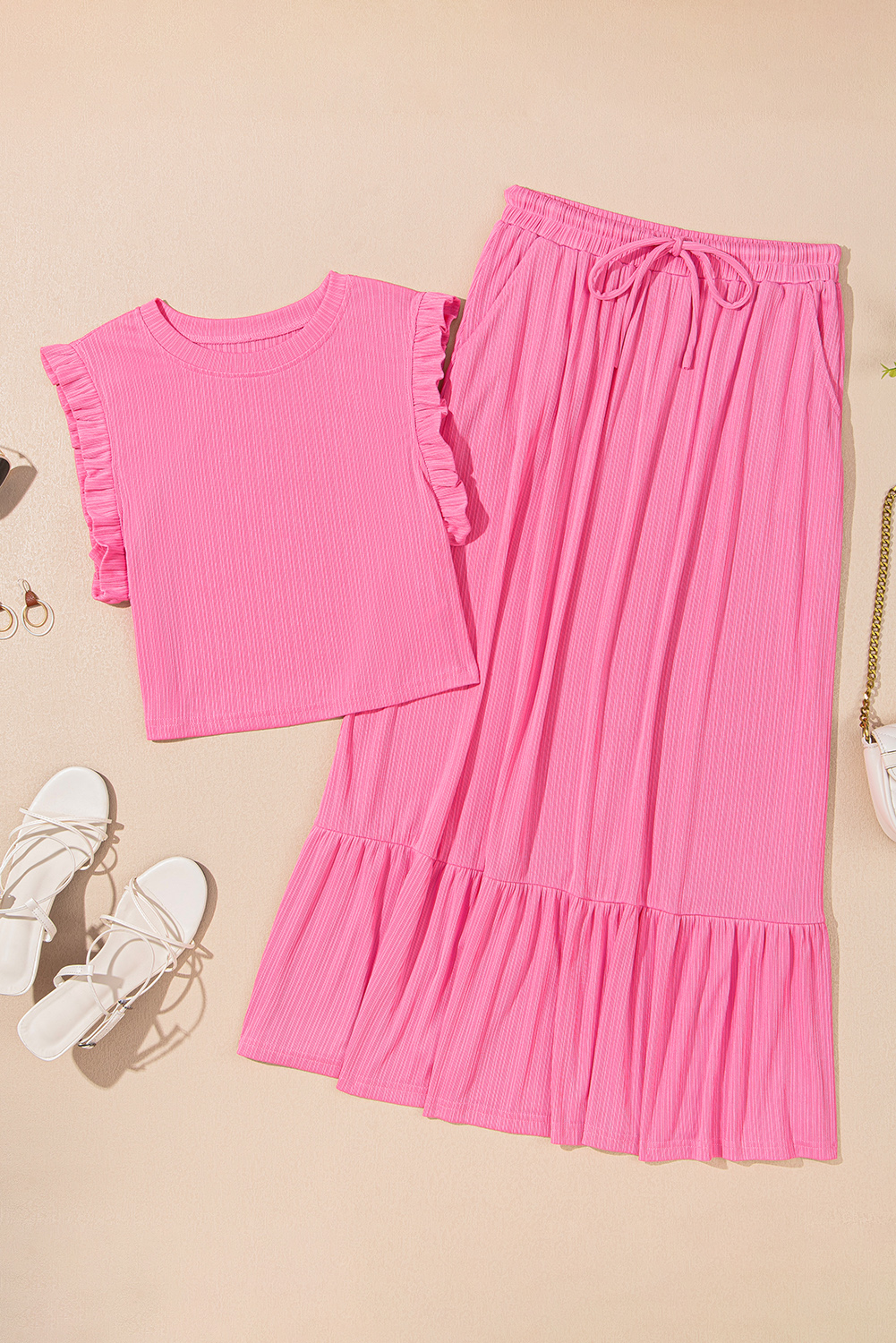 Bonbon Textured Ruffle Trim Crop Vest Lace-up Long Skirt Set - loveforevers