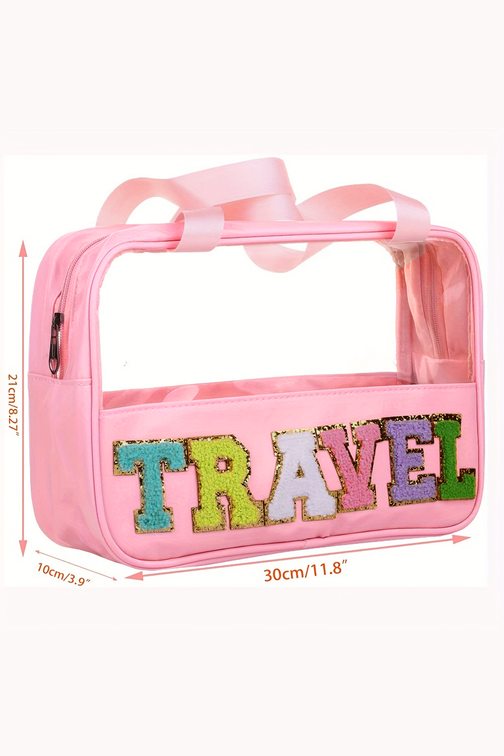 Light Pink TRAVEL Chenille Letter Clear PVC Makeup Bag - loveforevers