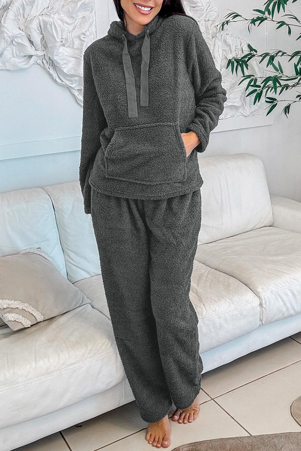 Medium Grey Fuzzy Drawstring Hoodie Lounge Pants 2pcs Set - loveforevers