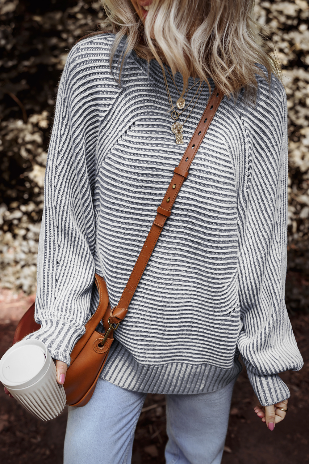 Coffee Striped Print Ribbed Knit Boat Neck Baggy Sweater - loveforevers