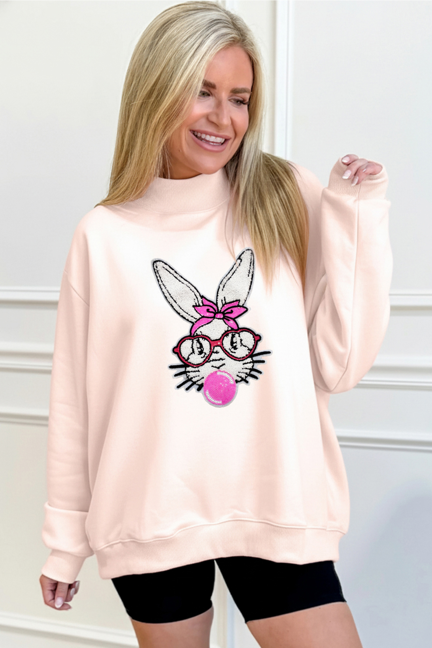 Apricot Pink Bubble Gum Bunny Chenille Patch Sweatshirt - loveforevers