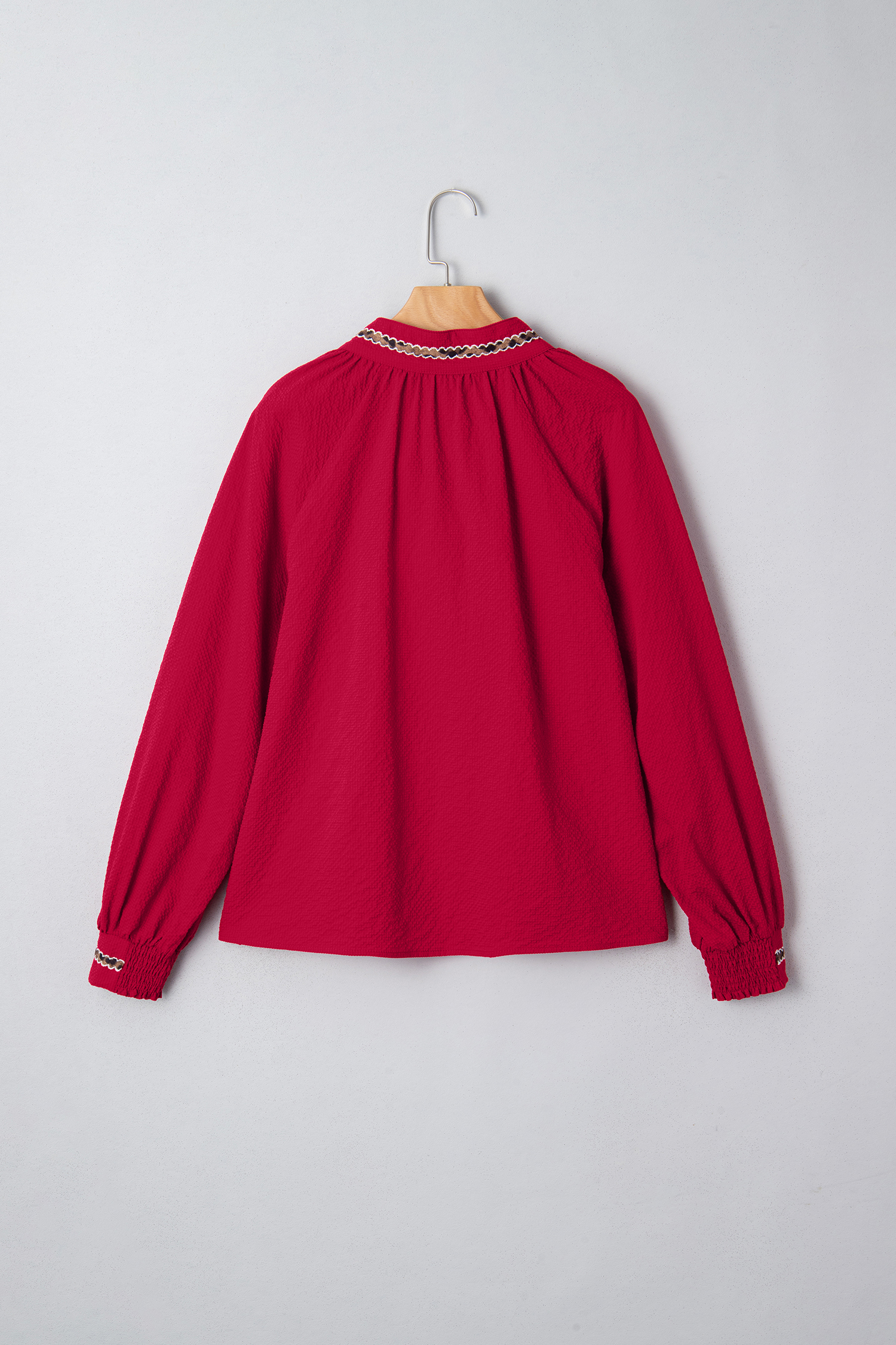 Racing Red Leopard Jacquard Print V Neck Textured Blouse - loveforevers