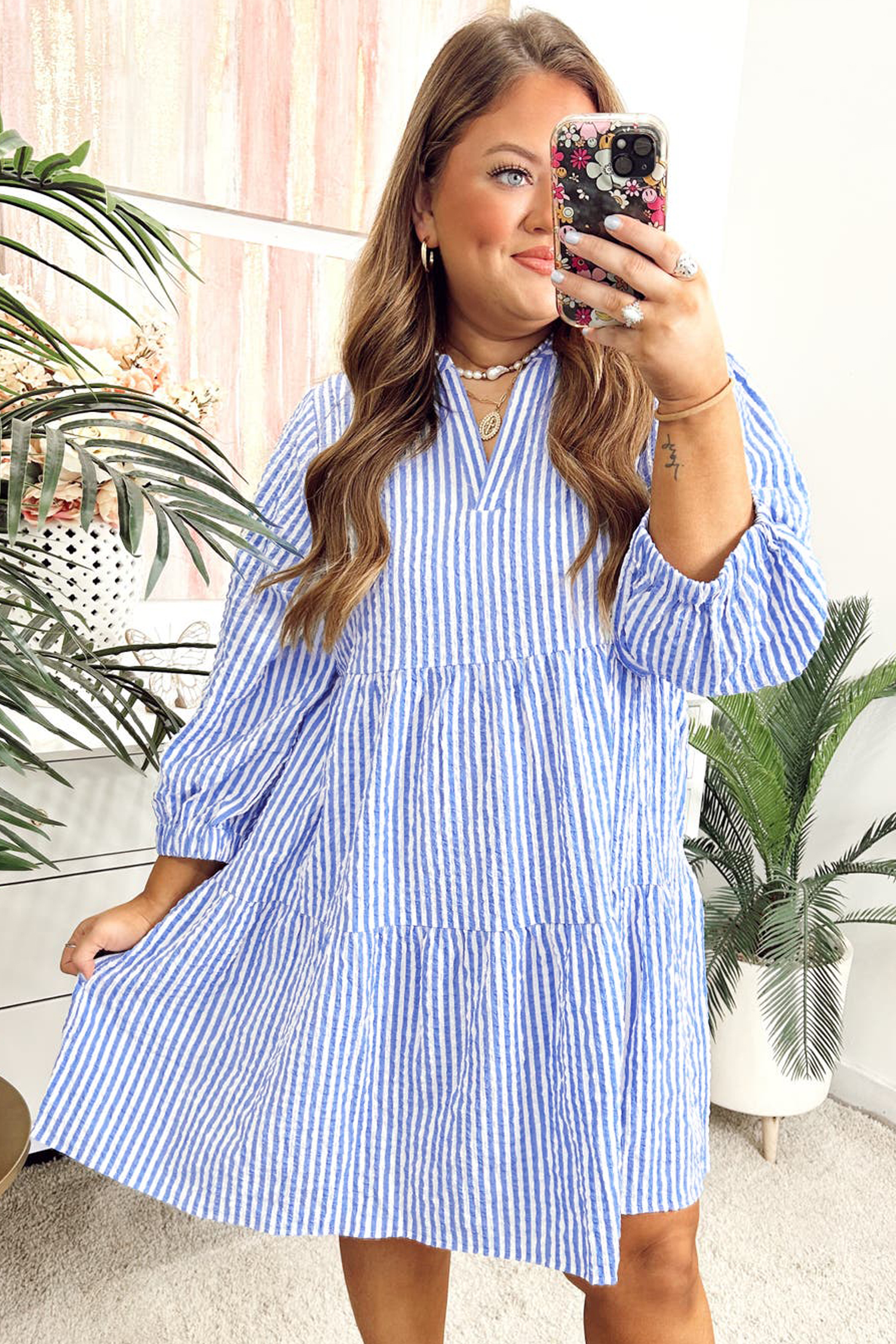 Sky Blue Stripe Seersucker Textured Notched Neck Long Puff Sleeve Tiered Curvy Dress - loveforevers