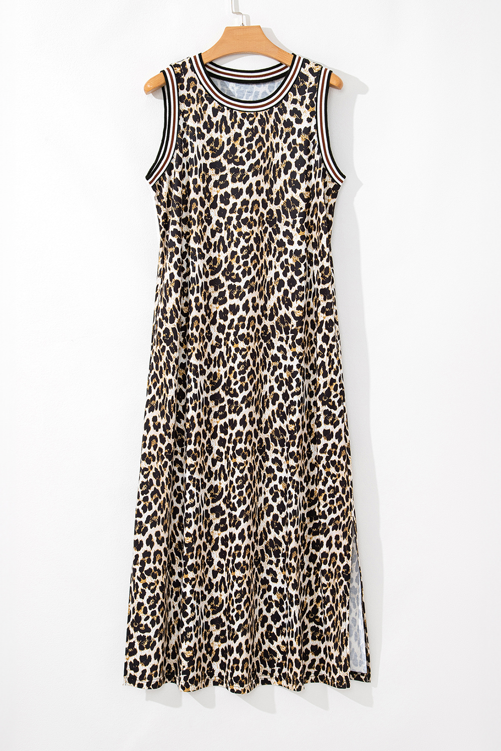 Black Contrast Striped Trim Leopard Sleeveless Maxi Dress - loveforevers