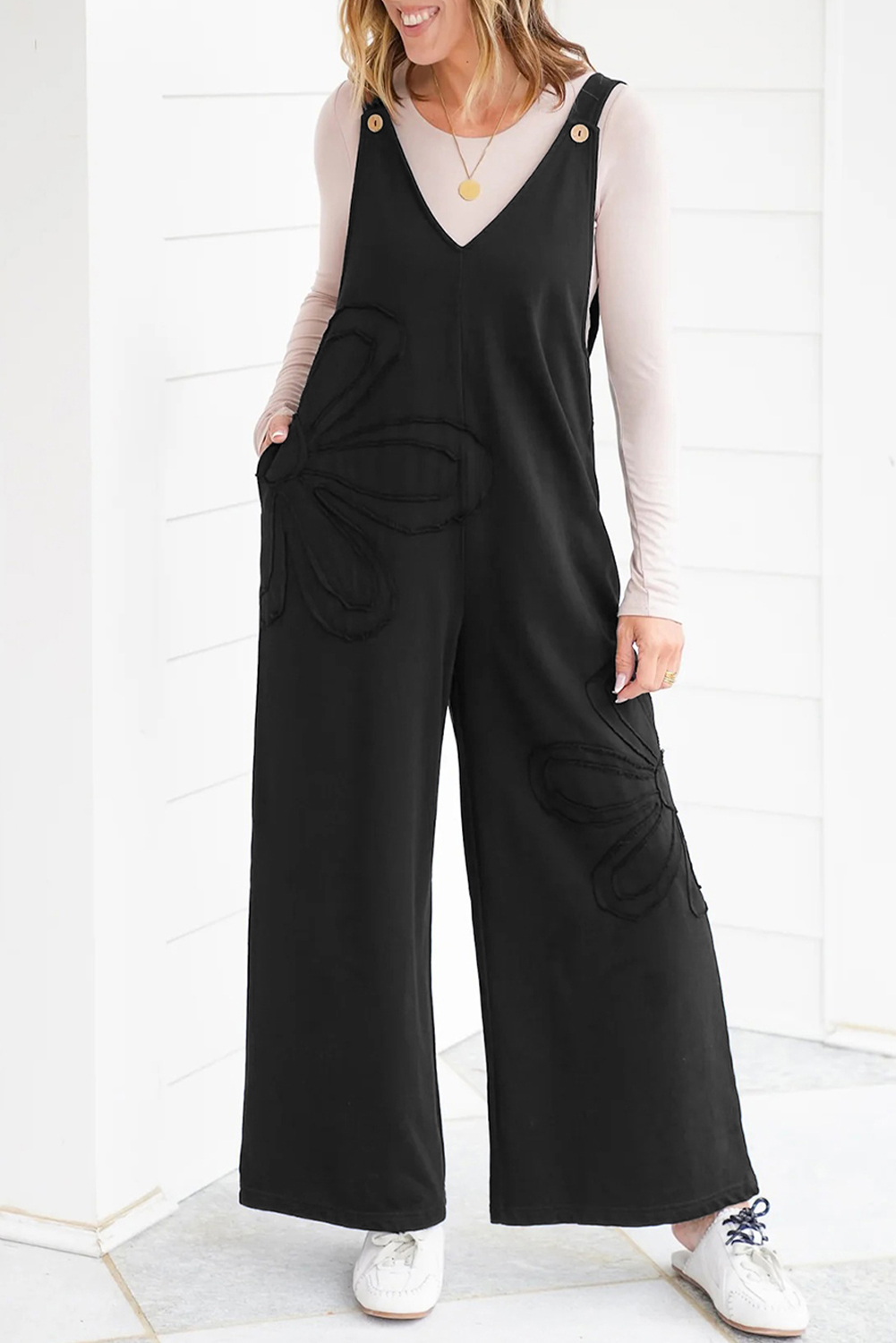 Black Solid Color Raw Seam Big Flower Patched Loose Overall Jumpsuit - loveforevers