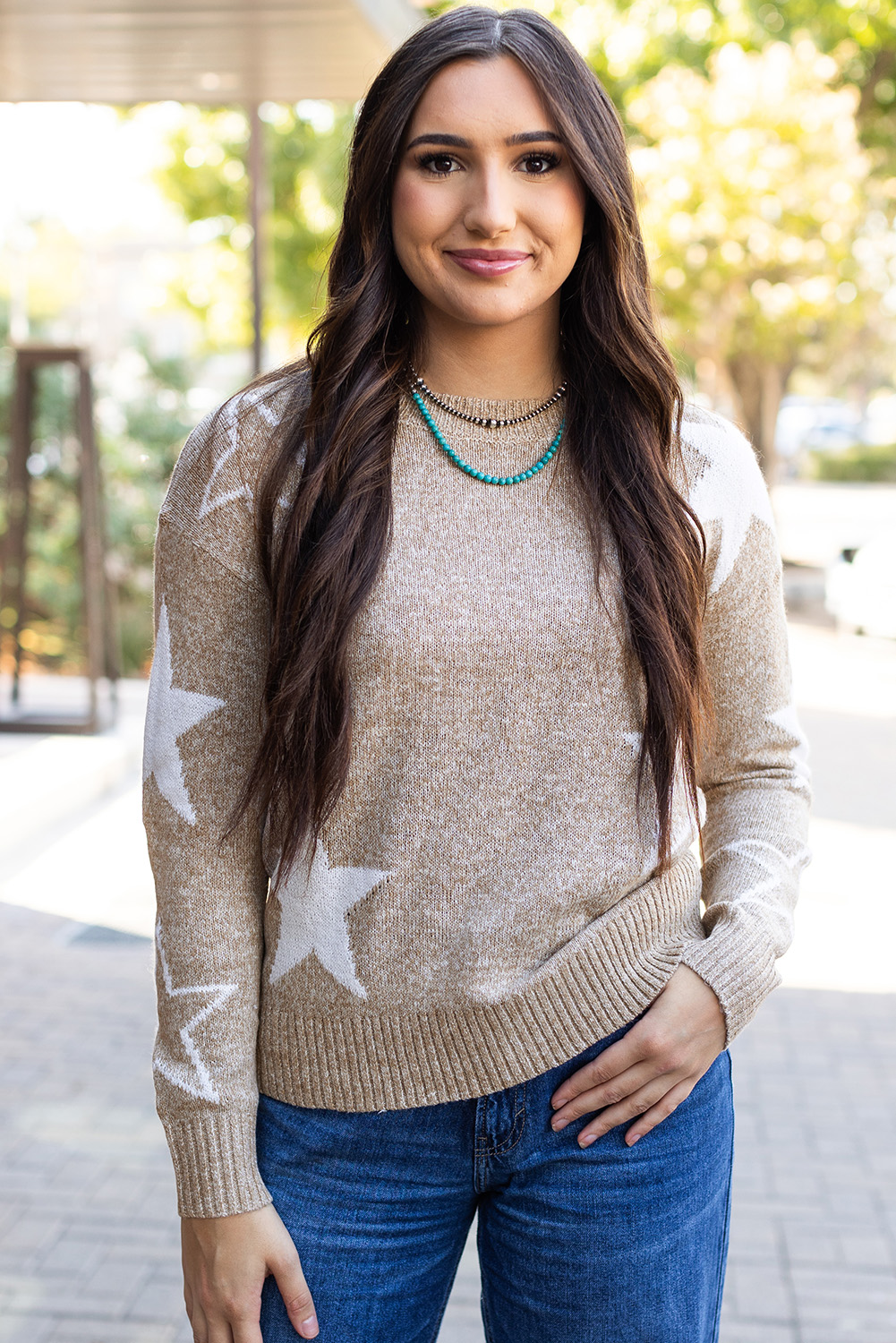 Khaki Star Pattern Drop Shoulder Sweater - loveforevers