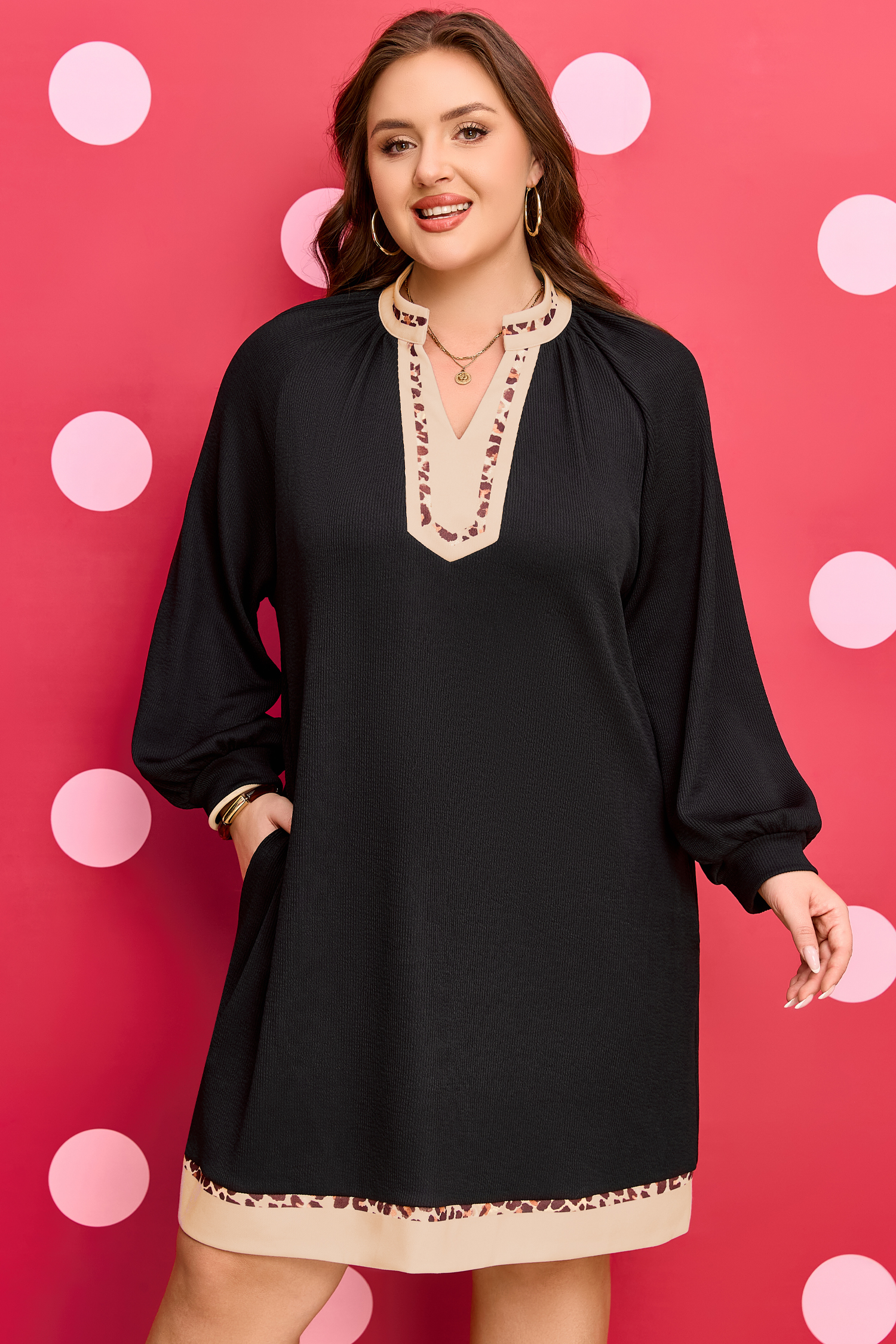 Black Contrast Color Block Leopard Trim Plus Size Ribbed Dress - loveforevers
