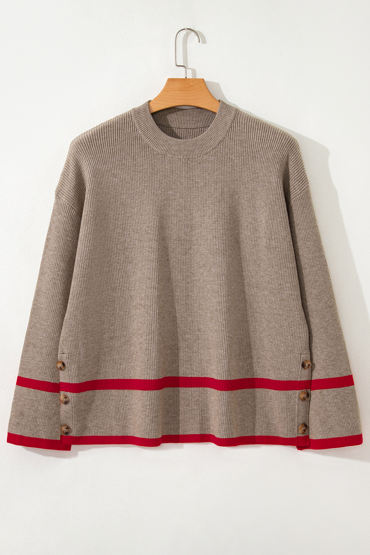Simply Taupe Ribbed Knit Contrasted Stripe Detail Button Side Loose Sweater - loveforevers