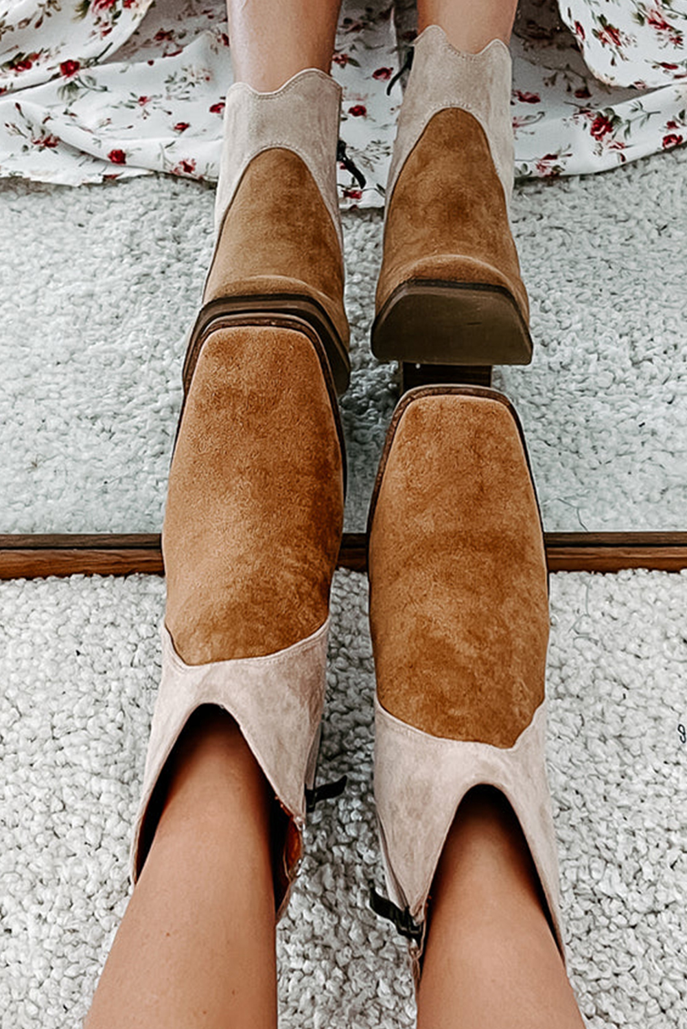 Camel Two Tone Faux Suede Square Toe Chunky Heel Boots - loveforevers
