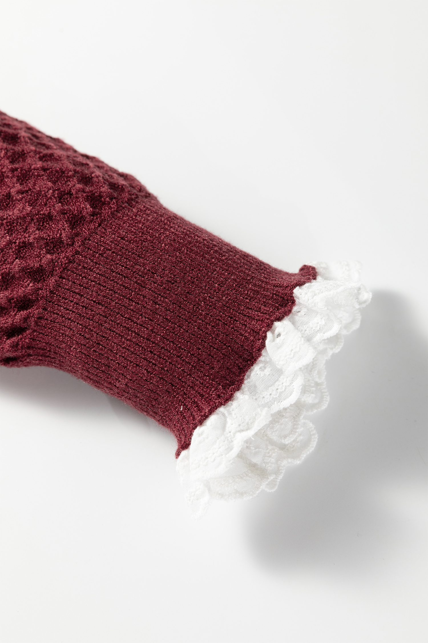 Burgundy  Contrast Lace Frilled Trim Raglan Sleeve Sweater - loveforevers