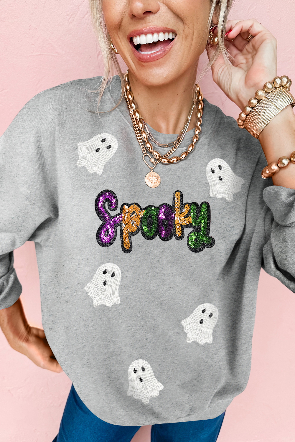 Gray Spooky Halloween Ghost Sequin Patched Sweatshirt - loveforevers