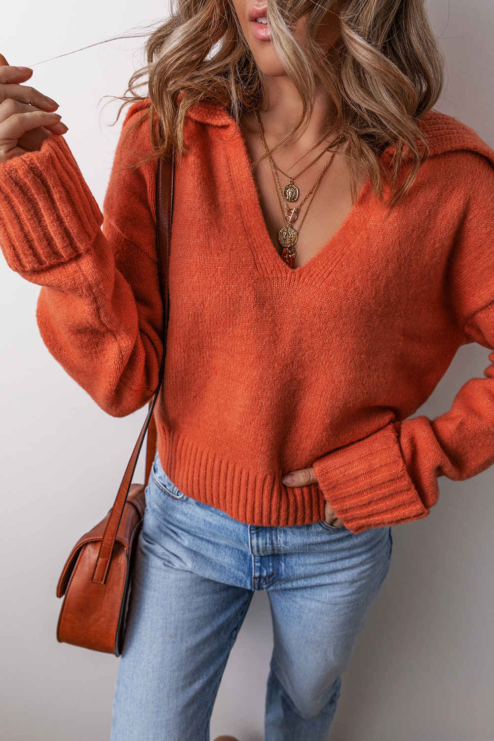 Racing Red Collared V Neck Ribbed Edge Sexy Elegant Sweater - loveforevers