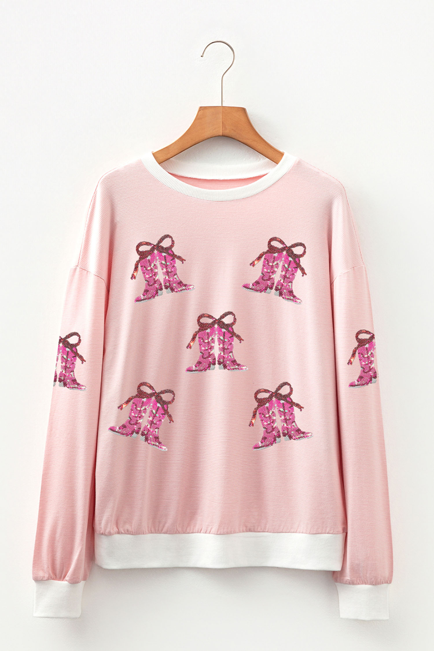Pink Stripe Cowgirl Boots Sequin Pattern Round Neck Long Sleeve T Shirt - loveforevers