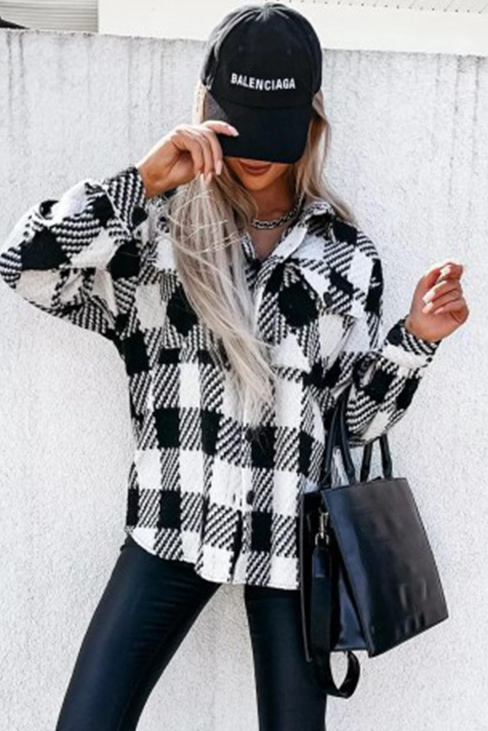 Black Plaid Textured Flap Pocket Shacket - loveforevers